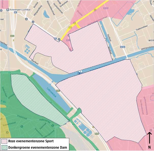A map showing the new parking rate zones around AFAS Dome and Lotto Arena. The Sport event zone is shaded in pink, the Dam event zone is shaded in green.