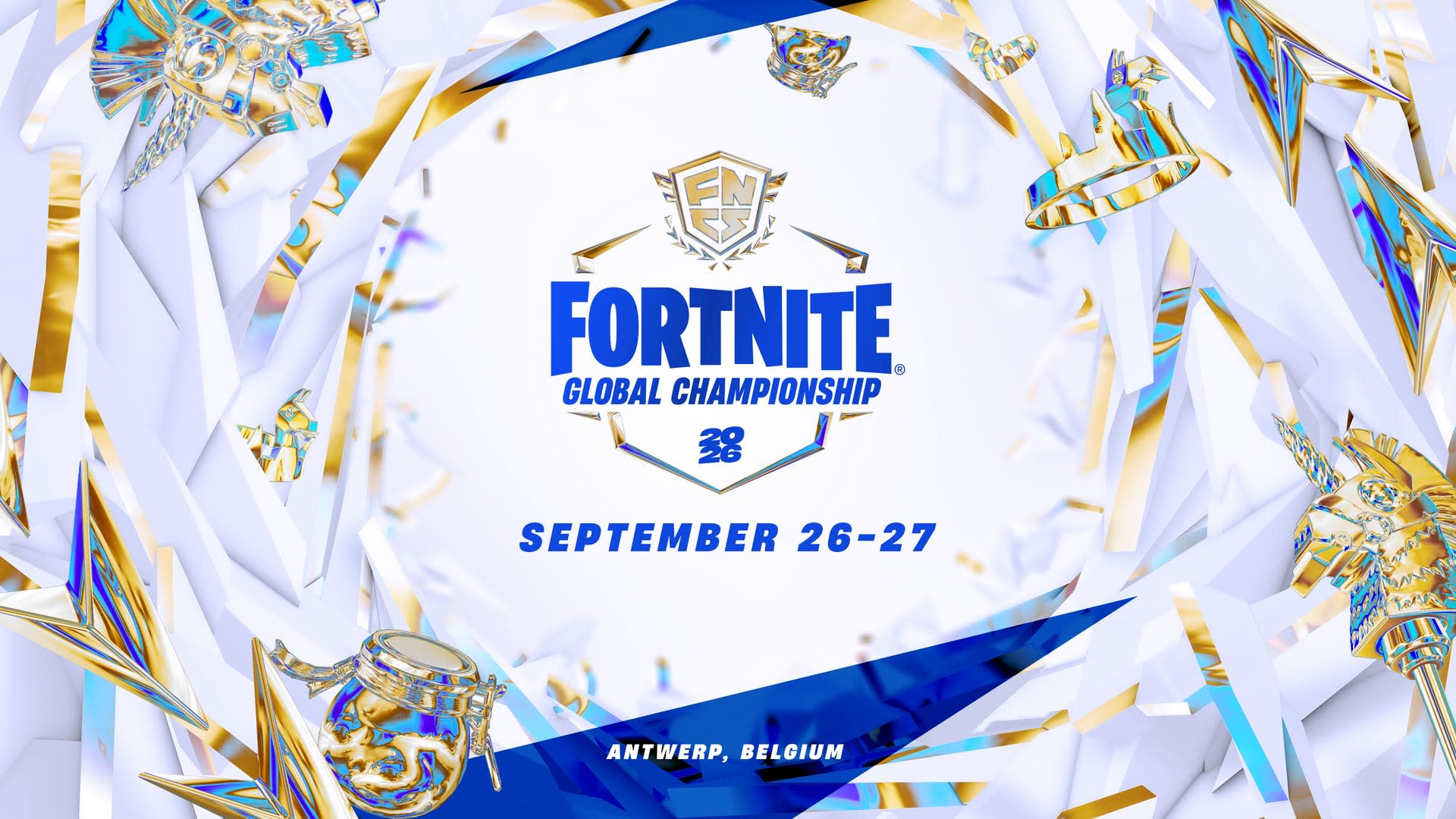 L'image promotionnelle du Fortnite Global Championship 2026 à la Lotto Arena présente le logo sur un fond blanc rehaussé de touches dorées et bleues.