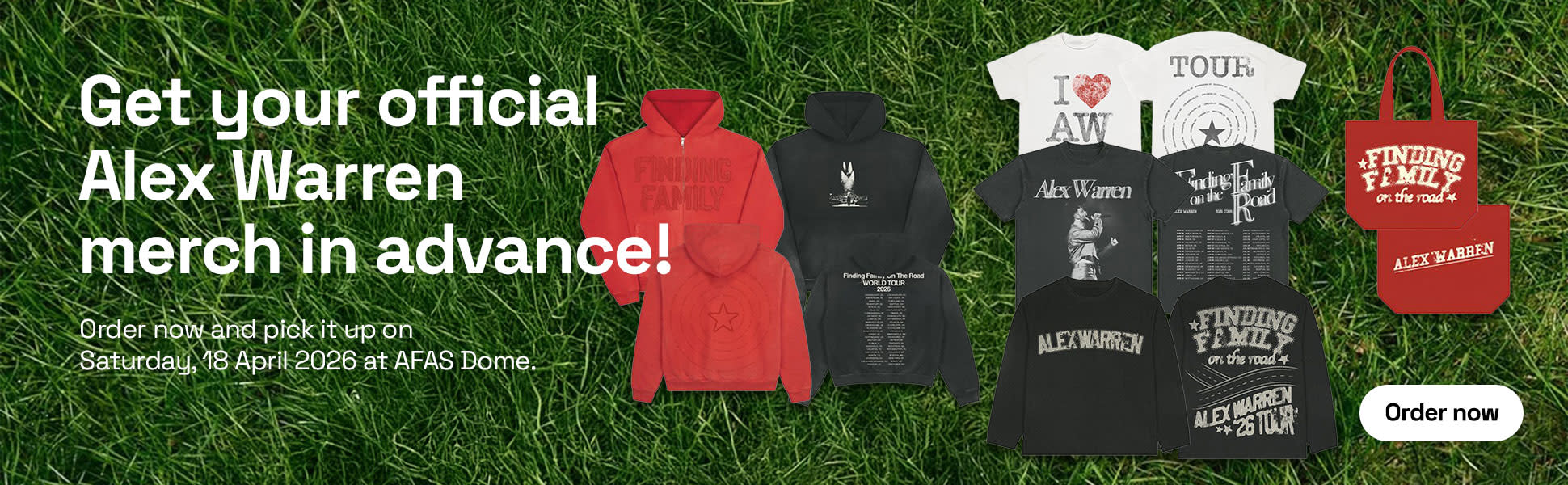 A banner featuring the text “Pre-order your Alex Warren merch” and a few examples of T-shirts.