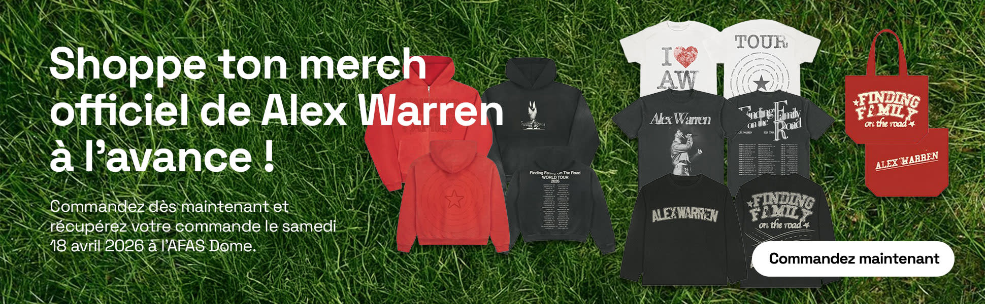 Bannière comportant le texte « Achetez en avant-première les produits dérivés Alex Warren » et quelques exemples de t-shirts.