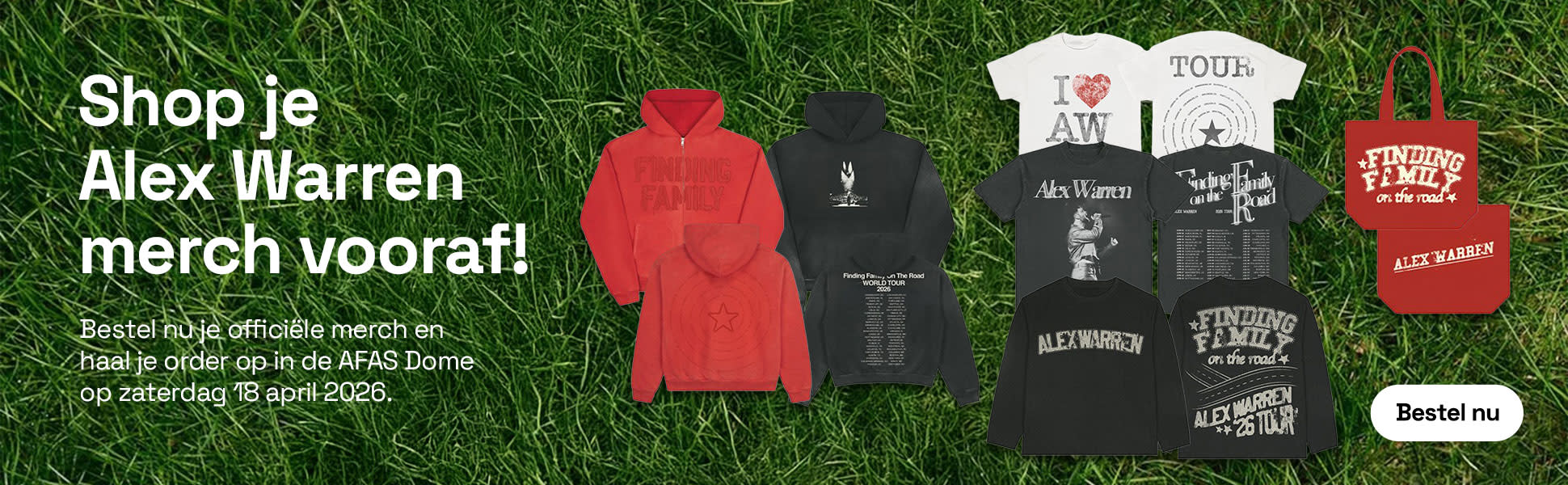 Banner met daarop de tekst 'Shop je Alex Warren merch vooraf' en enkele voorbeelden van t-shirts.