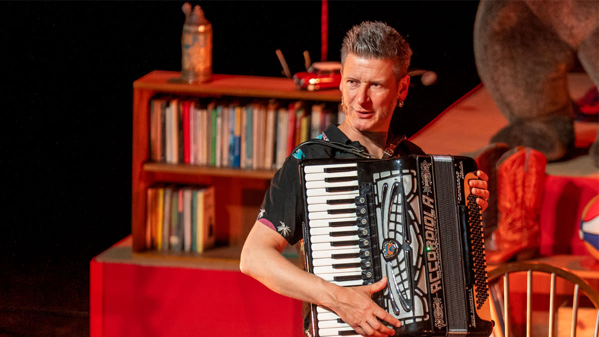 Wouter Deprez staat op het podium met een accordeon en kijk indringend richting het publiek, klaar om een lied in te zetten.