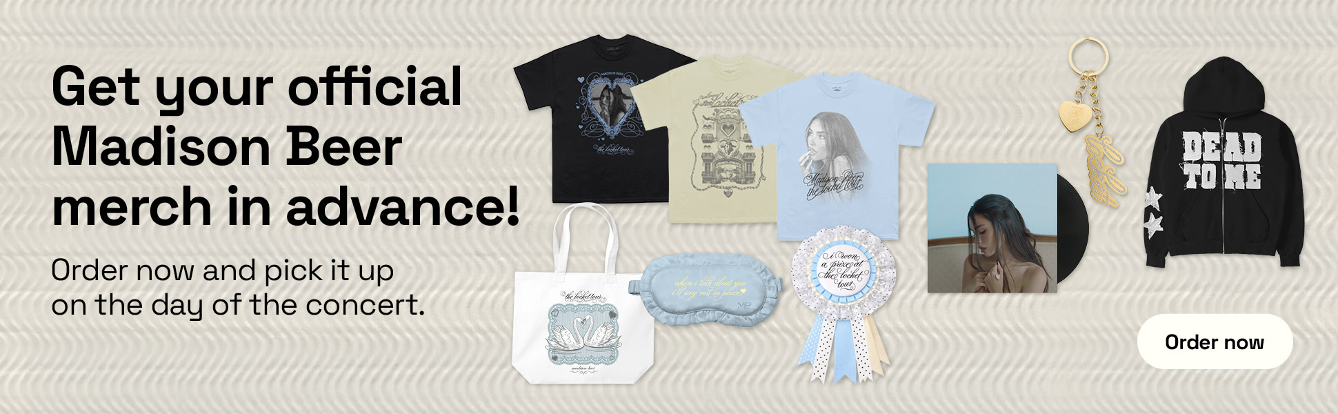 Banner featuring various items from Madison Beer’s online shop.