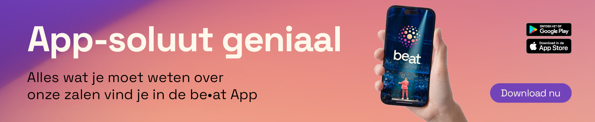 Alles wat je moet weten over onze zalen vind je in de be•at App.