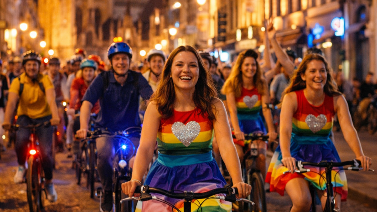 Een kleurrijke groep mensen fietst ’s avonds samen door de stad tijdens Oja Vélo, met muziek, lichtjes en een feestelijke sfeer onderweg naar een evenement.