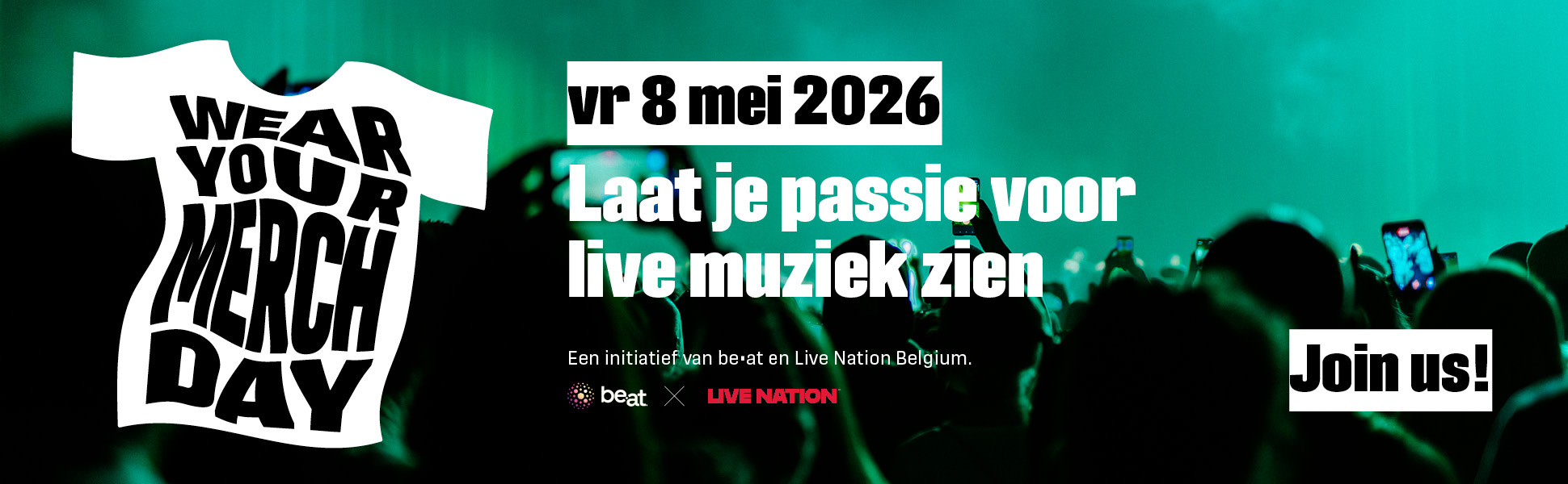 Banner om de eerste Wear Your Merch Day op 8 mei 2026 te promoten.