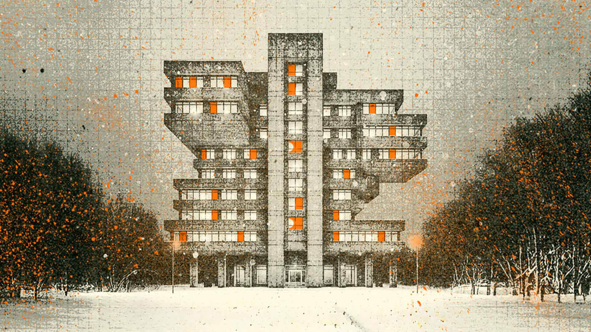 Illustration artistique d'un bâtiment brutaliste aux fenêtres éclairées en orange dans un paysage enneigé, image promotionnelle pour Interpol + Bloc Party