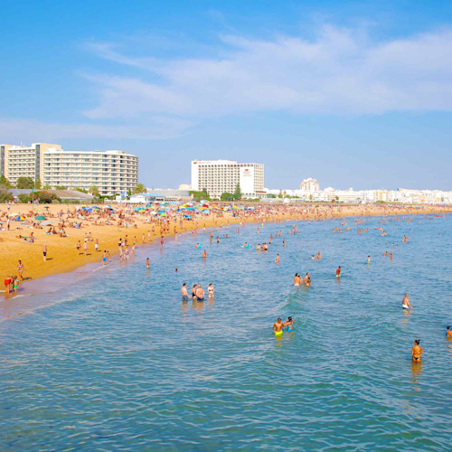 The lively town beach is steps from Vilamoura Portugal villas