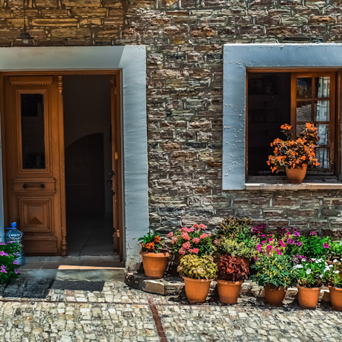 Maison et pots de fleurs