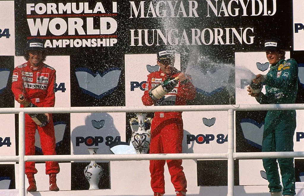 Senna celebrating his win with McLaren at the 1988 Hungarian Grand Prix