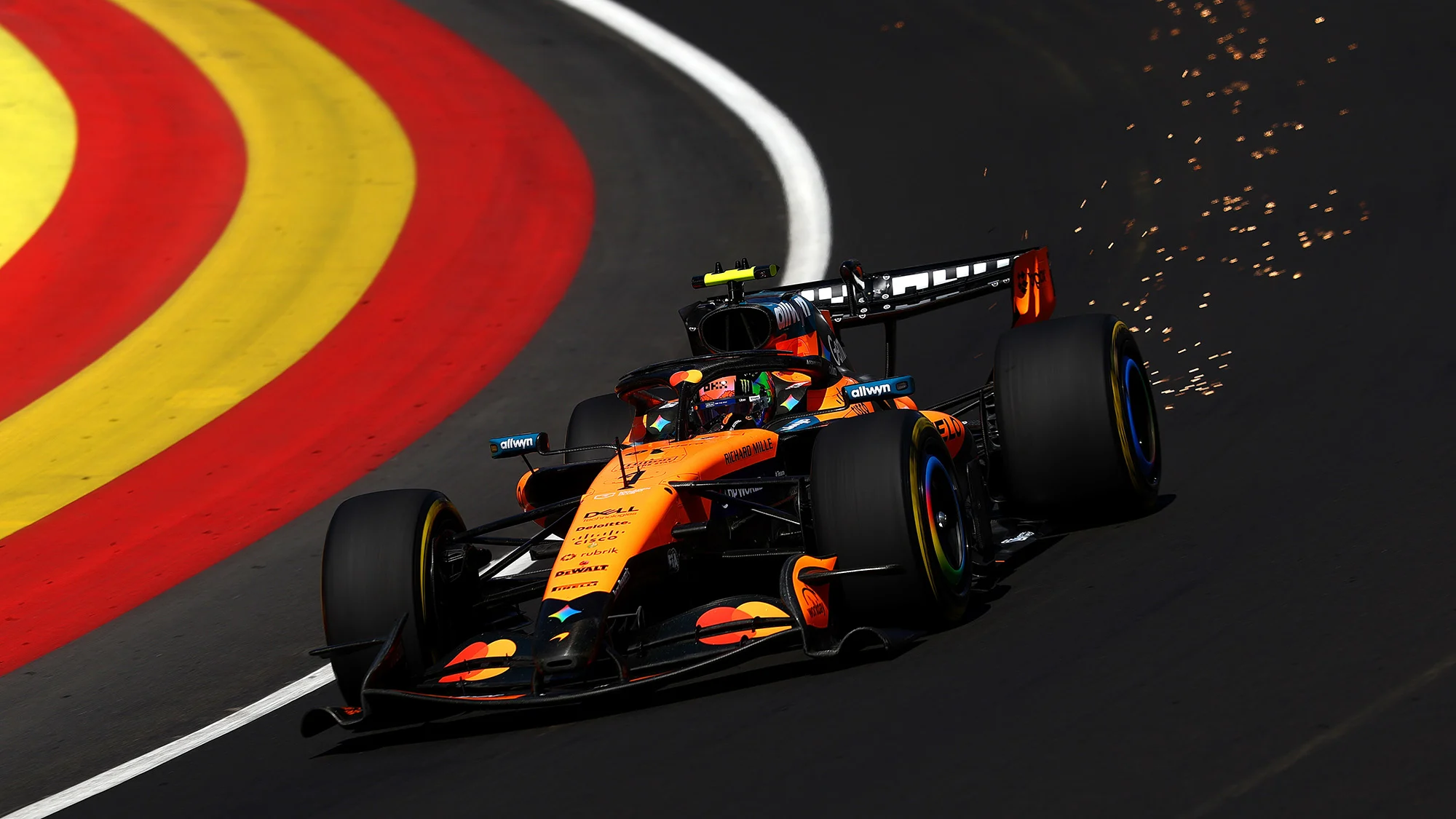 Sparks fly behind Lando Norris driving the (1) McLaren MCL40 Mercedes on track during practice ahead of the F1 Grand Prix of Spain at Madring on September 11, 2026 in Madrid, Spain.