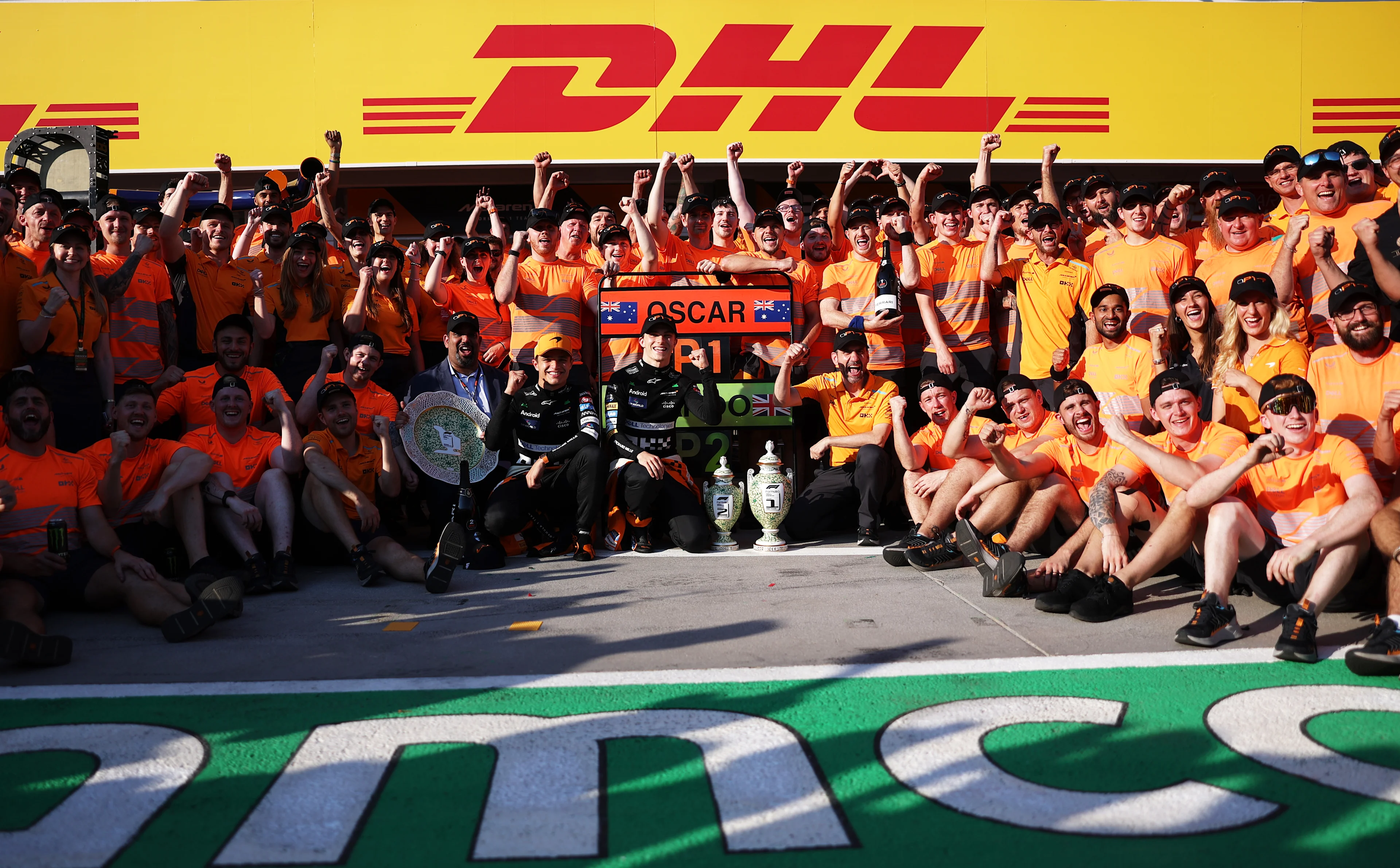 The McLaren team celebrating after their 1-2 finish in Hungary 2024