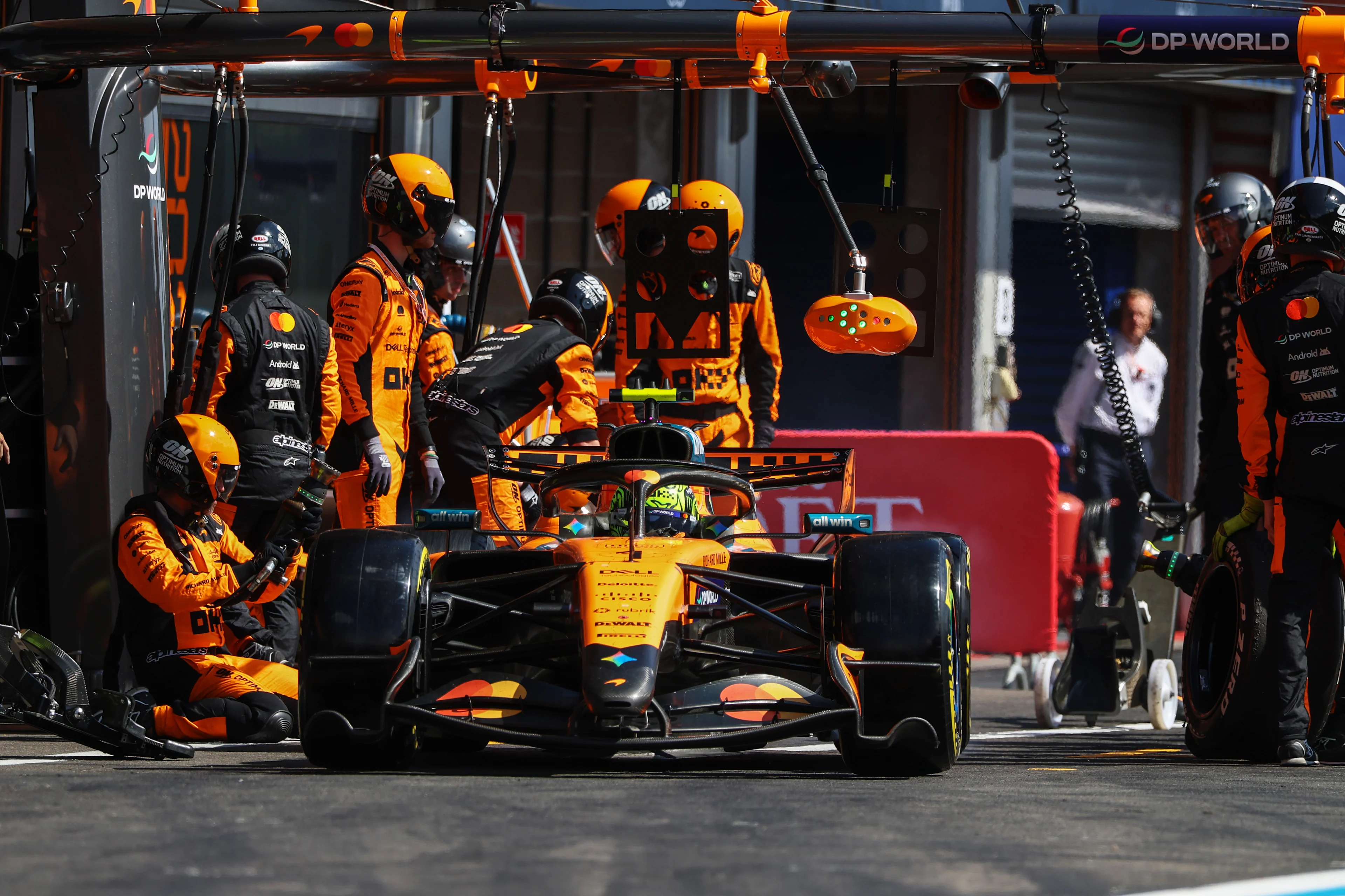 Lando Norris makes a pitstop during the F1 Grand Prix of Belgium at Circuit de Spa-Francorchamps