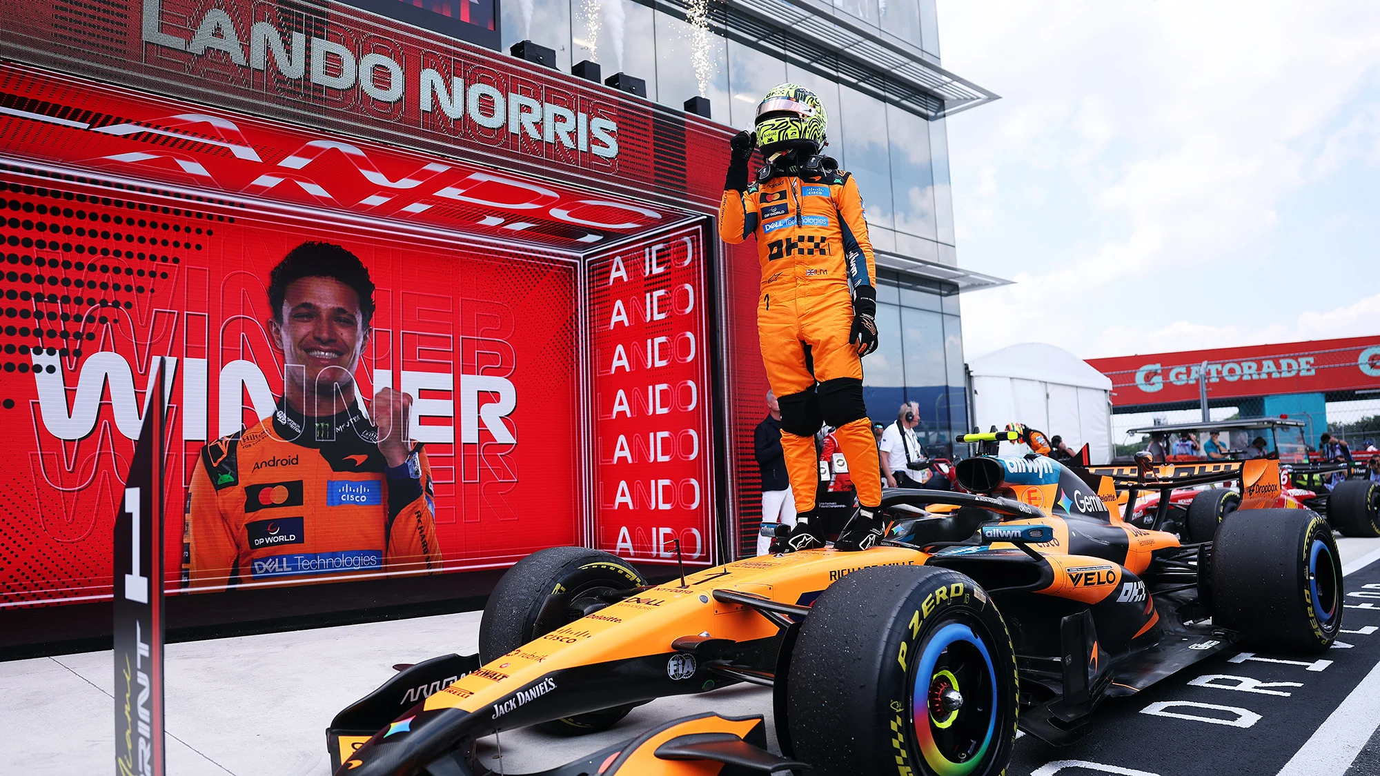 Sprint winner Lando Norris and McLaren celebrates on arrival in parc ferme during the Sprint ahead of the F1 Grand Prix of Miami at Miami International Autodrome 