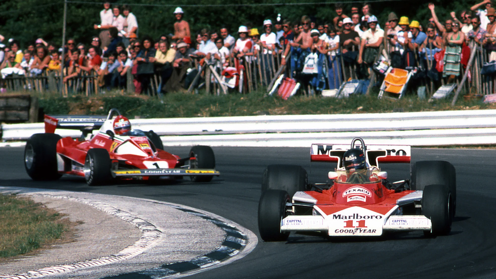 Race winner James Hunt McLaren M23 (later disqualified) leads second placed Niki Lauda Ferrari 312T2. British Grand Prix, Brands Hatch, England, 18 July 1976.