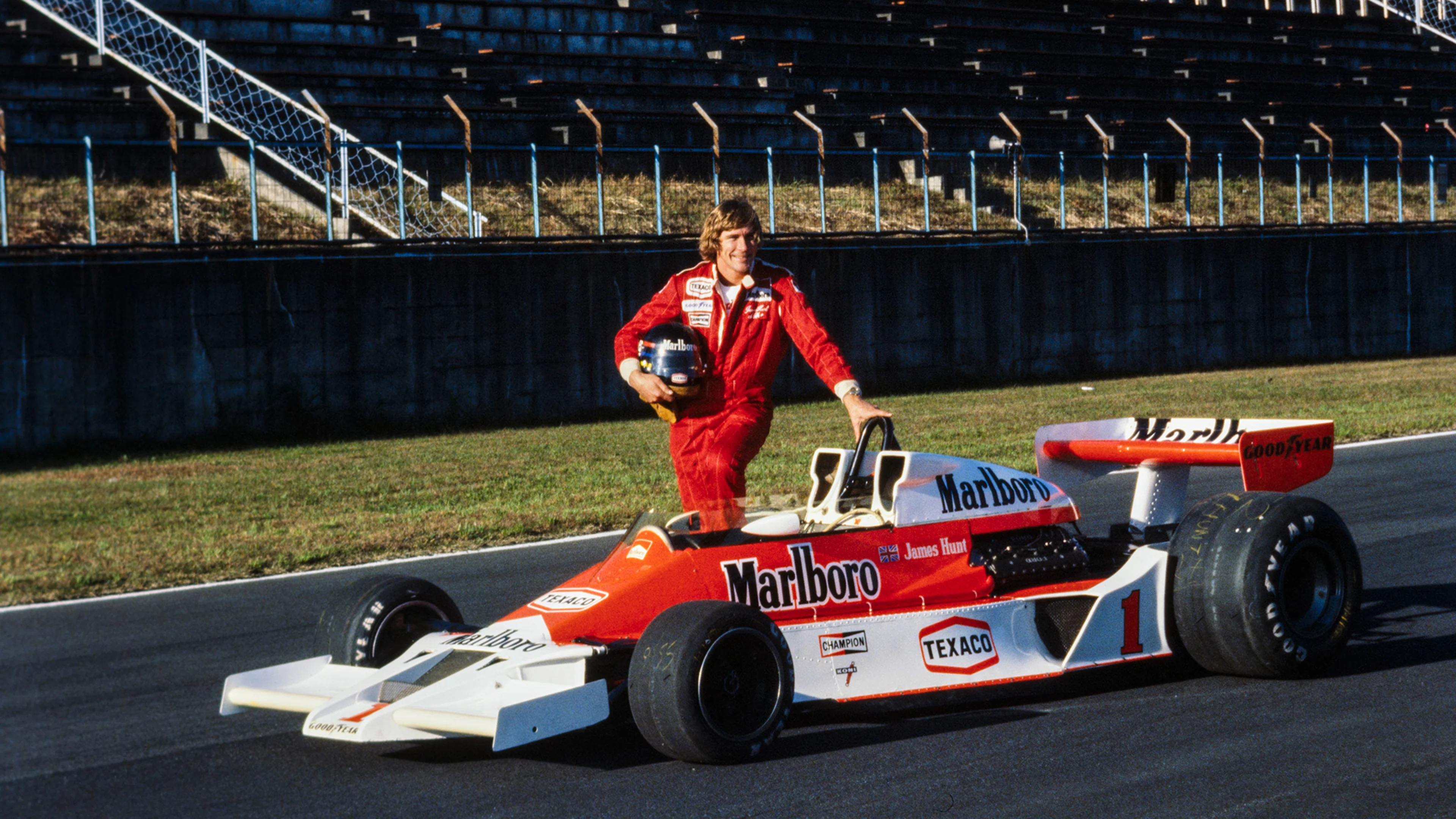 James Hunt on the main straight with his McLaren M26 Ford during the Japanese GP at Fuji International Speedway on October 23, 1977