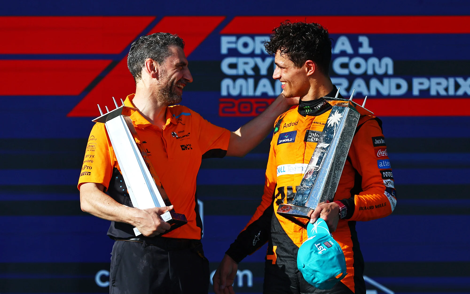 Lando Norris and Andrea Stella celebrating after Lando's maiden win in Miami 2024