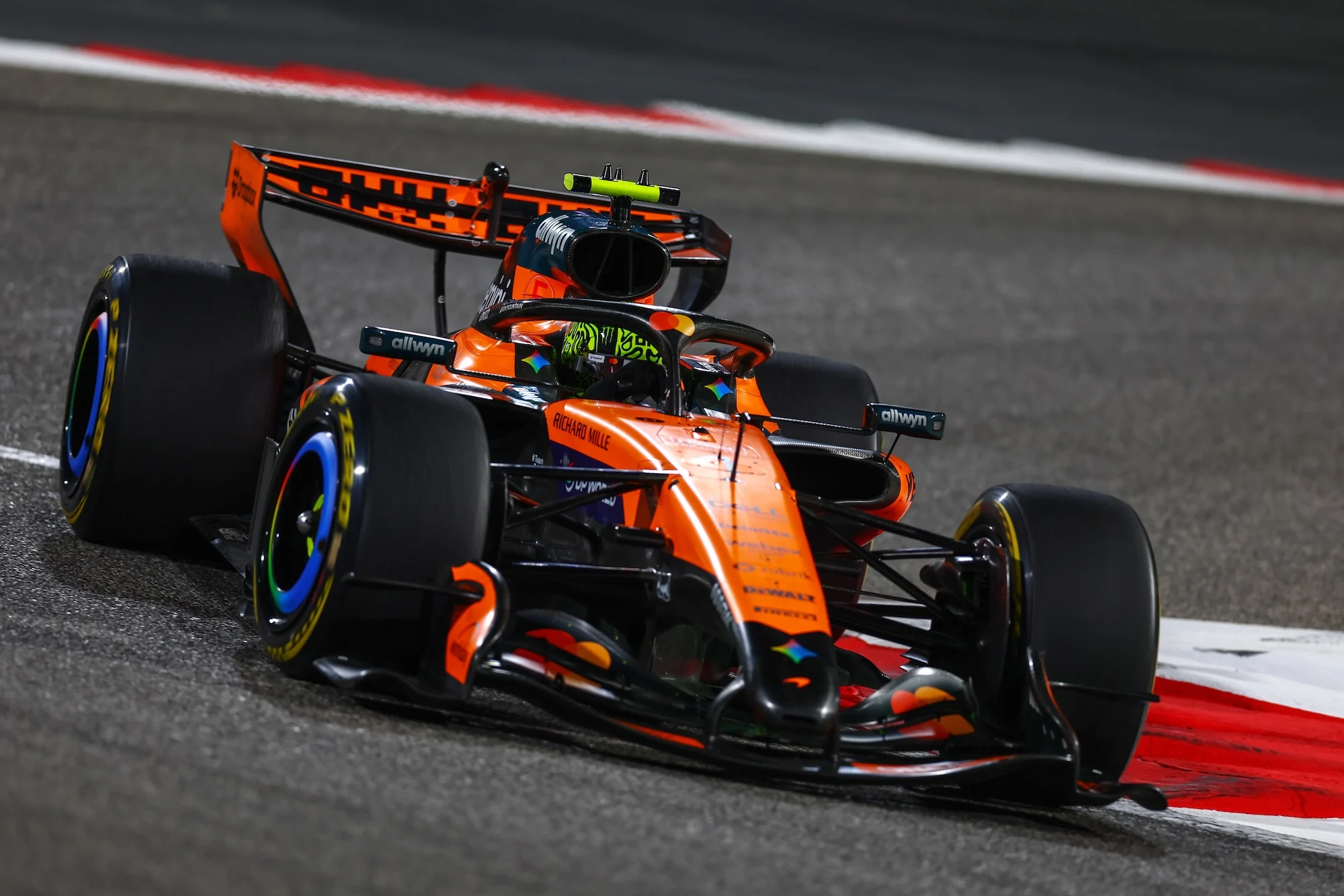 Lando Norris driving the MCL40 on track during day three of F1 Testing at Bahrain International Circuit