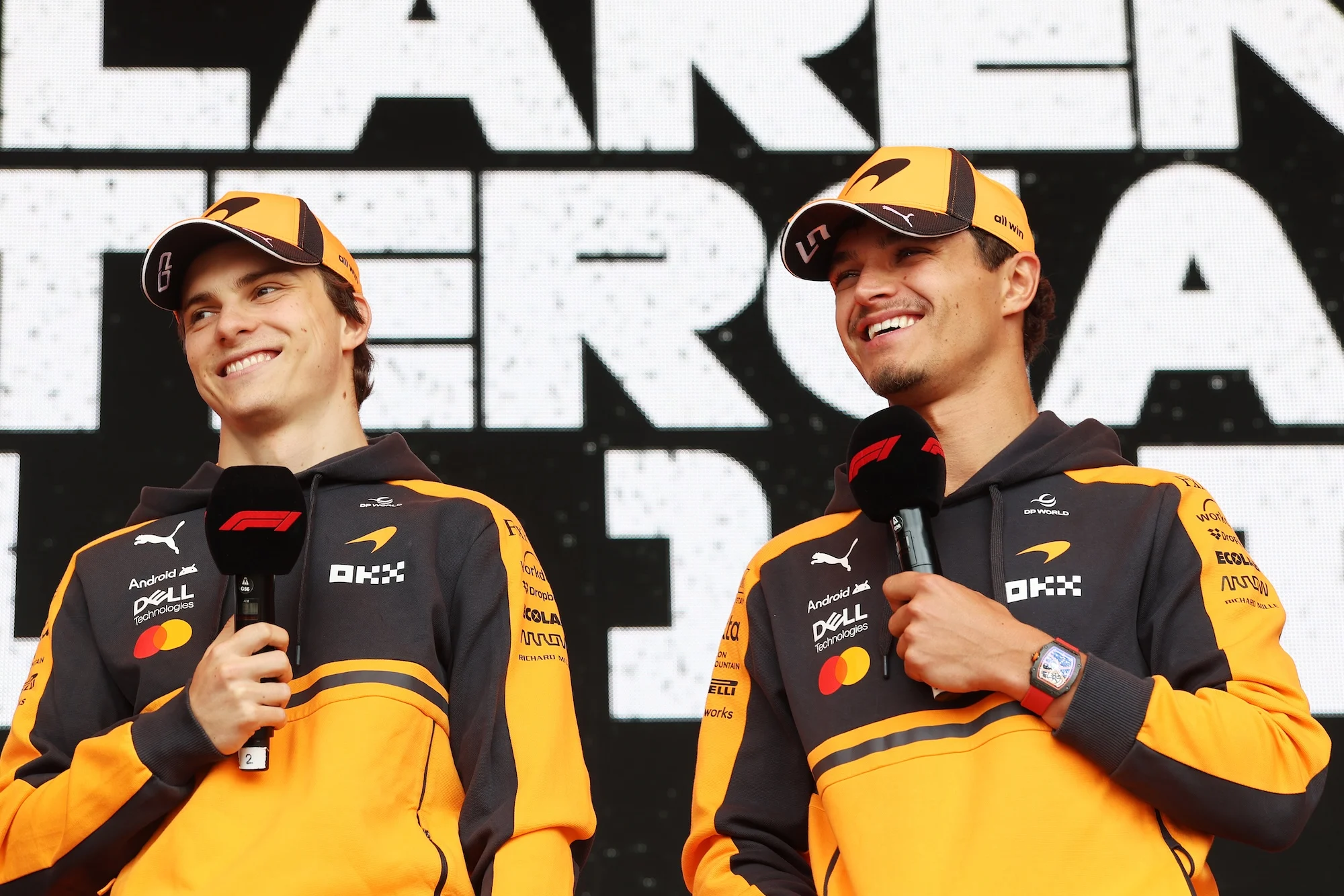 Oscar Piastri leads Lando Norris on track during the F1 Grand Prix of Belgium on July 19, 2026 in Spa, Belgium.