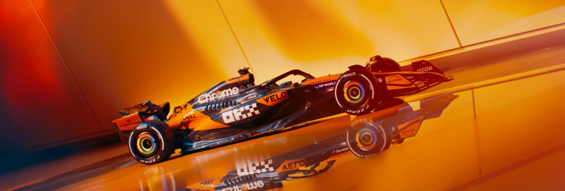 A McLaren Formula 1 car in papaya livery