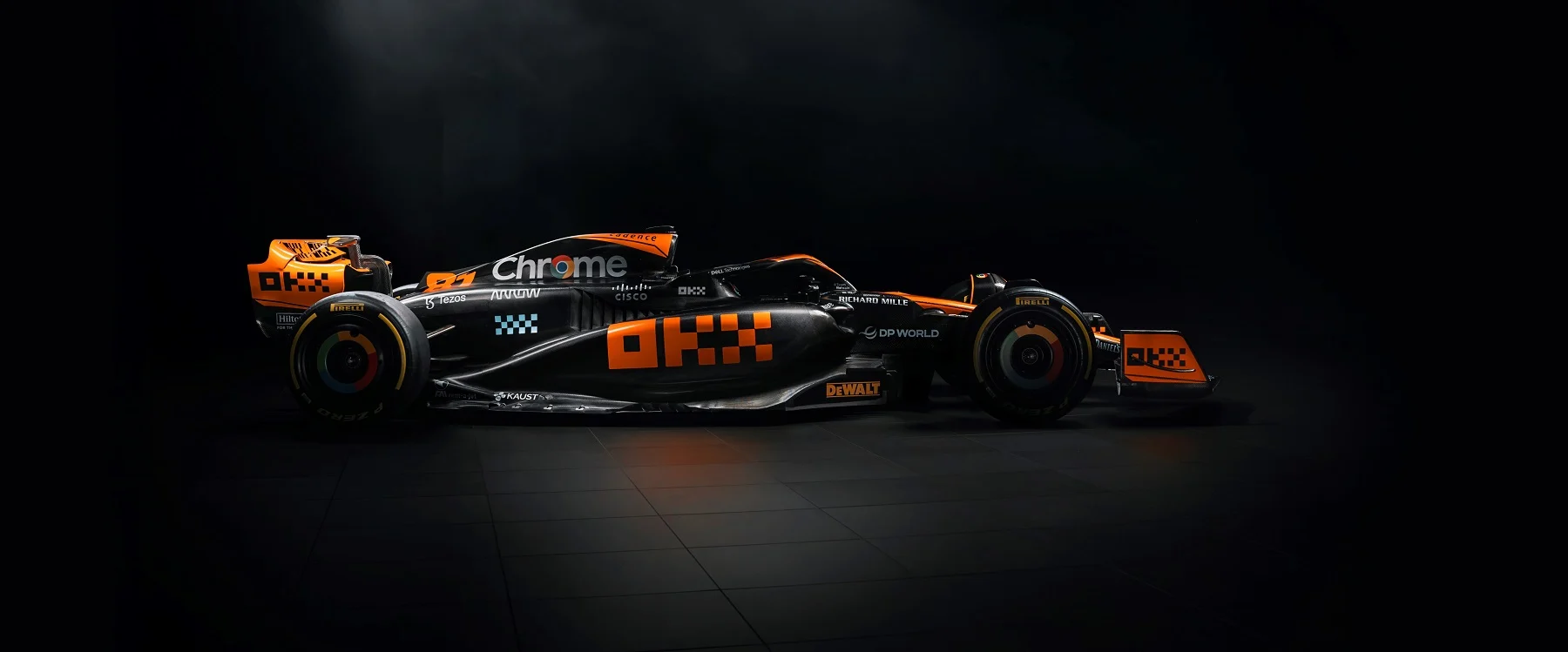 The design switches McLaren’s livery colourway, augmenting black against the team’s classic papaya trim