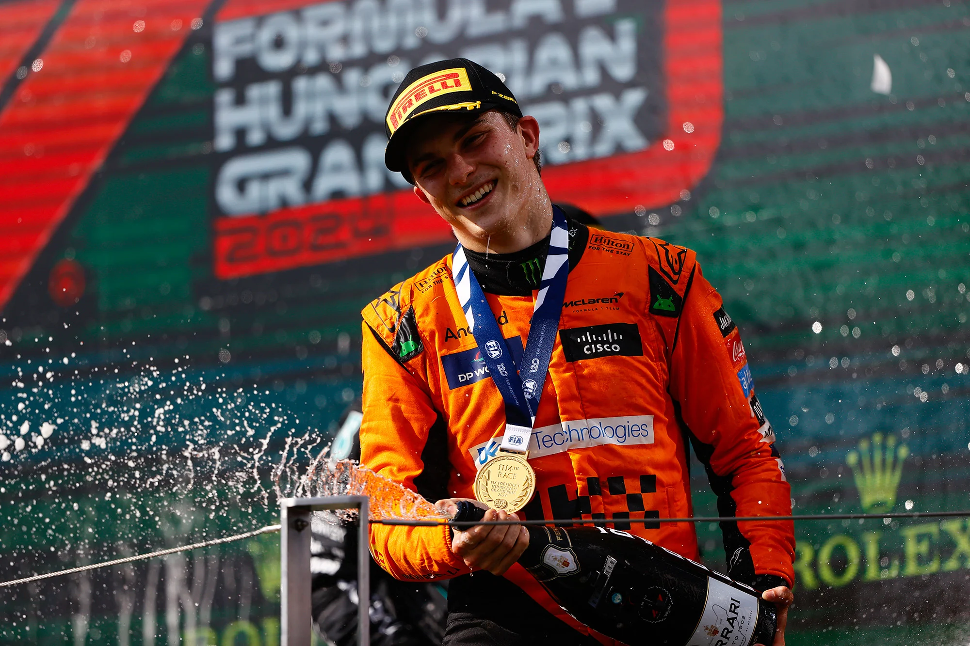Oscar Piastri celebrating his win in Hungary 2024