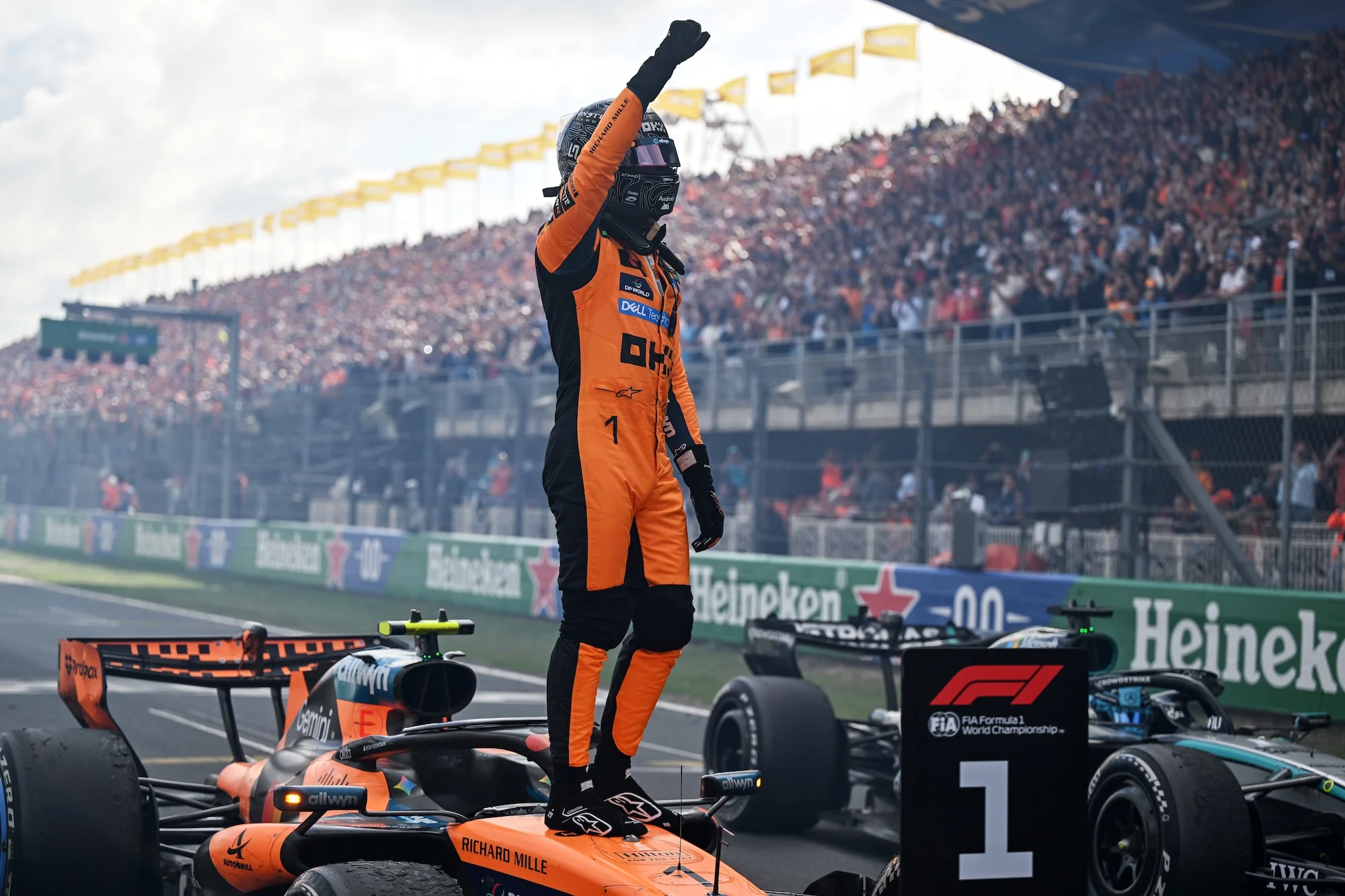 Lando Norris celebrating a race win at Zandvoort