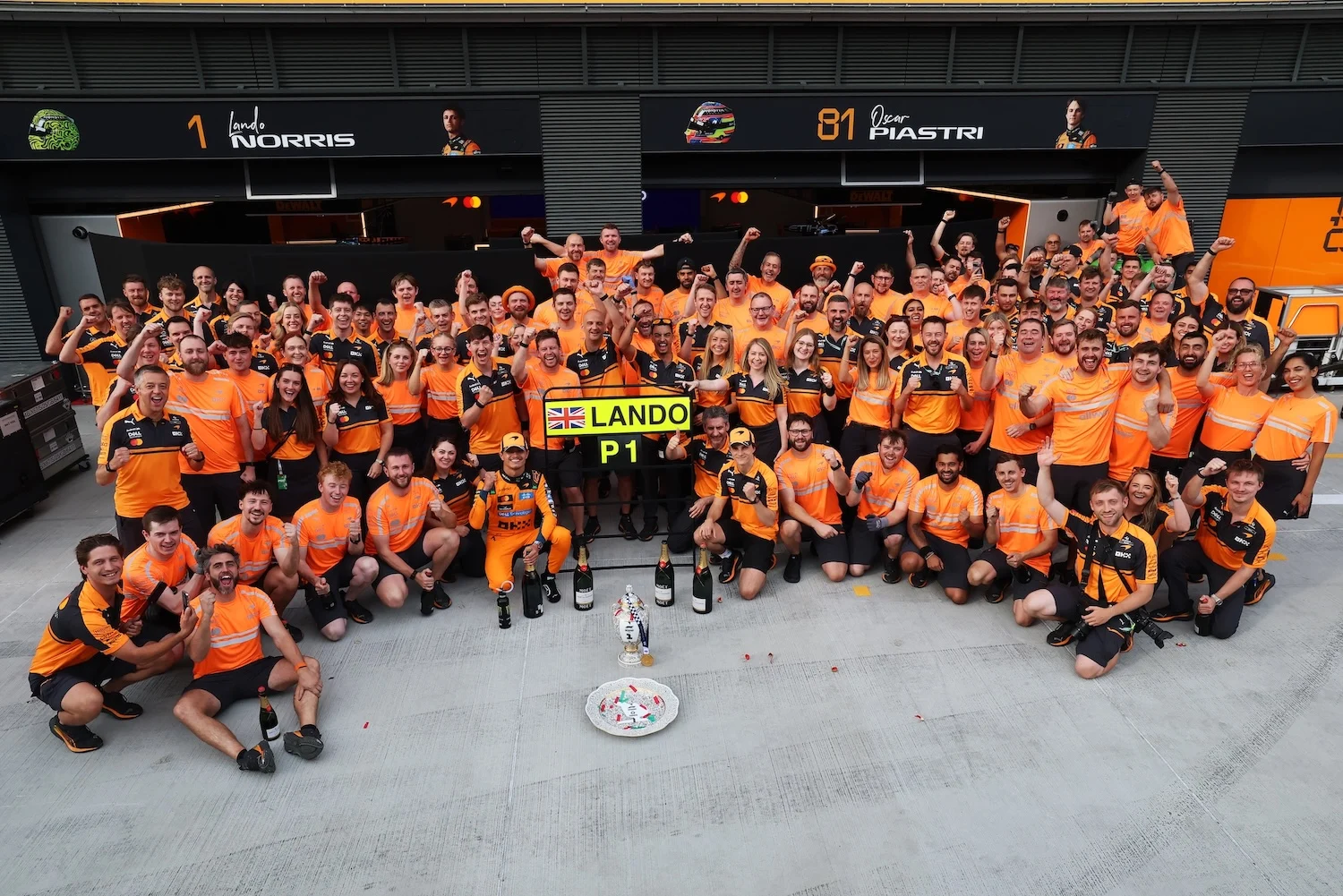 Lando Norris, Oscar Piastri and the McLaren team celebrate victory at Hungaroring 