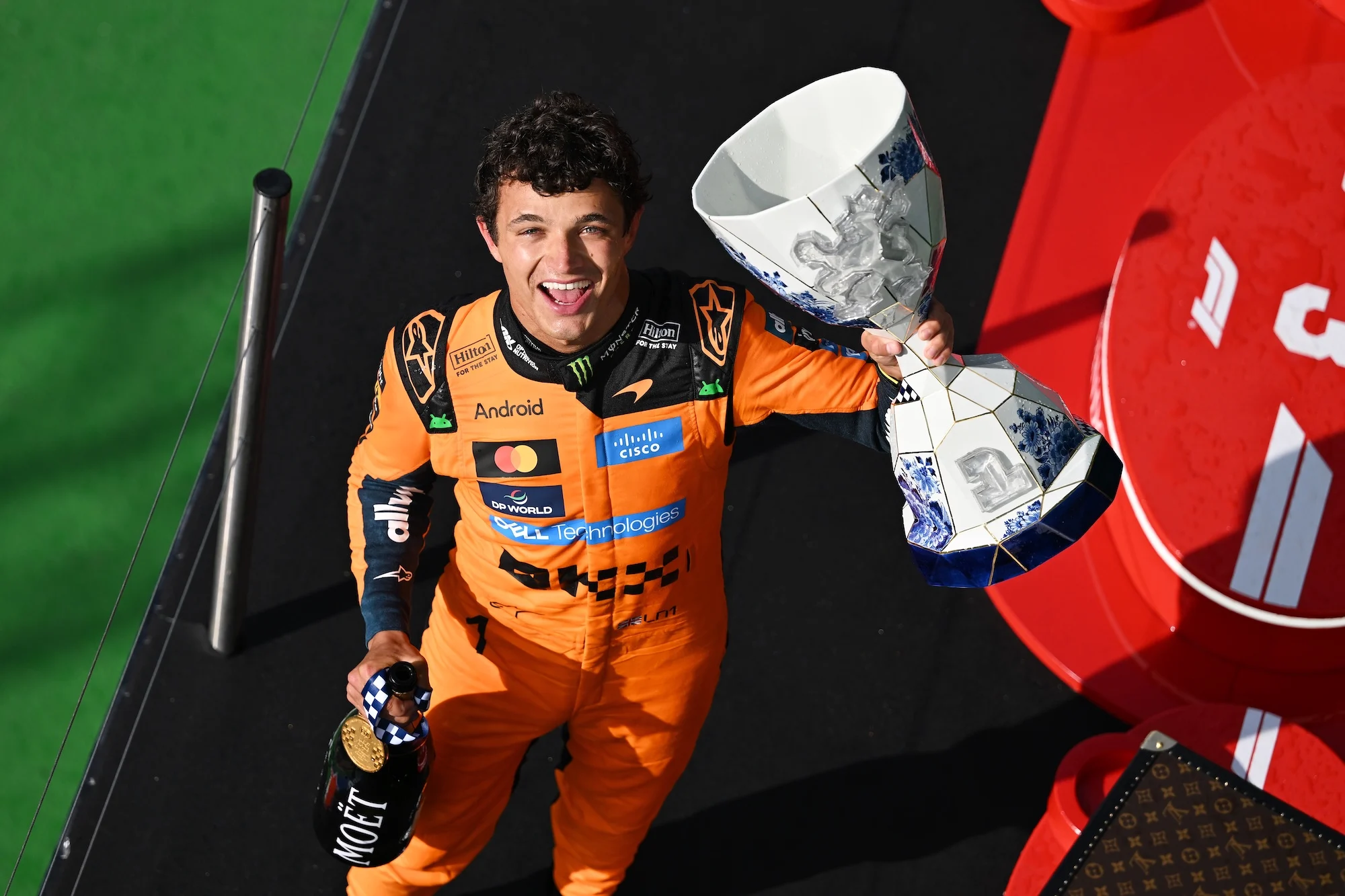 Lando Norris on the podium after winning the Dutch grand prix
