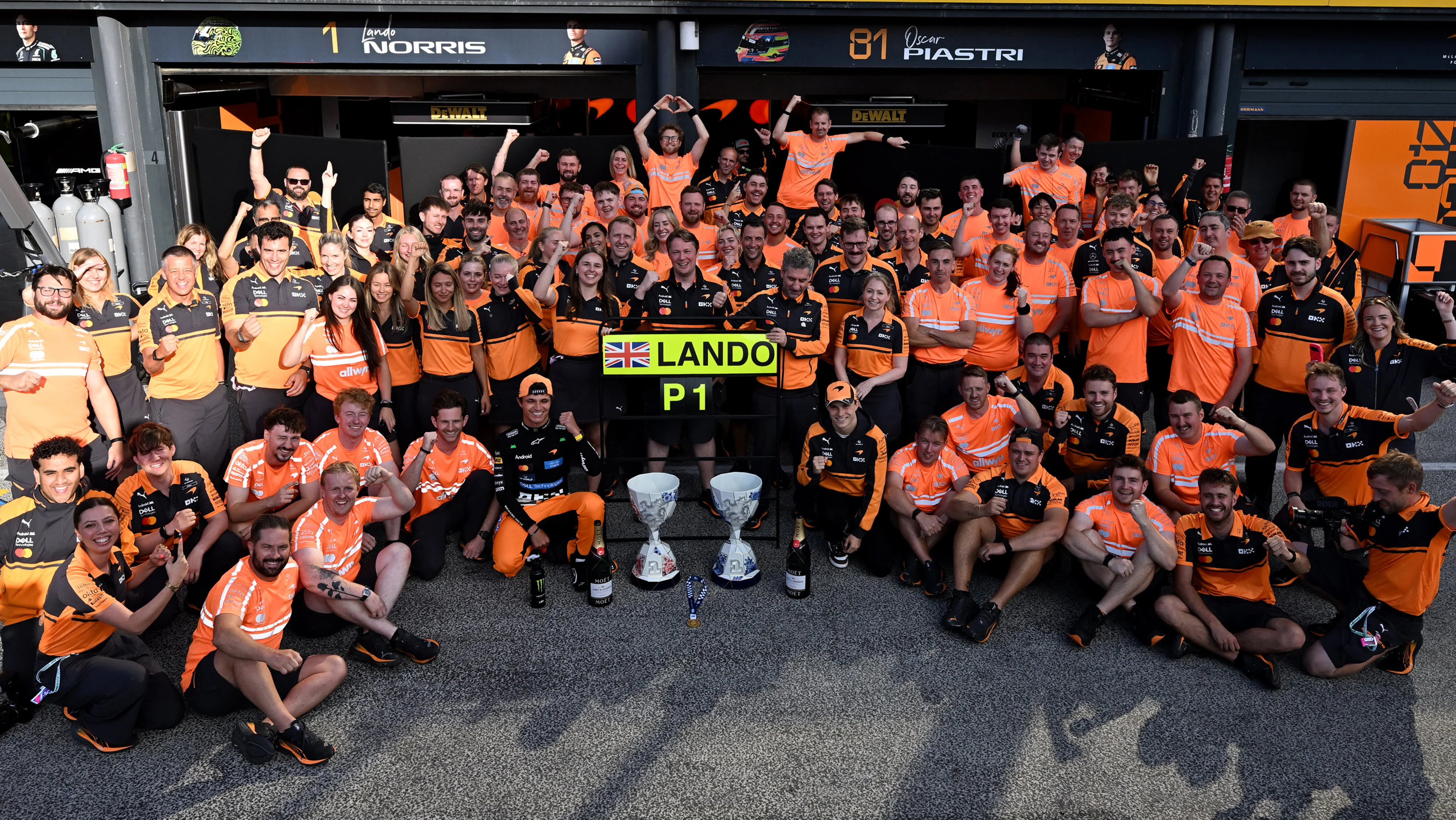 Lando Norris and the McLaren team celebrating a win at Zandvoort 2026