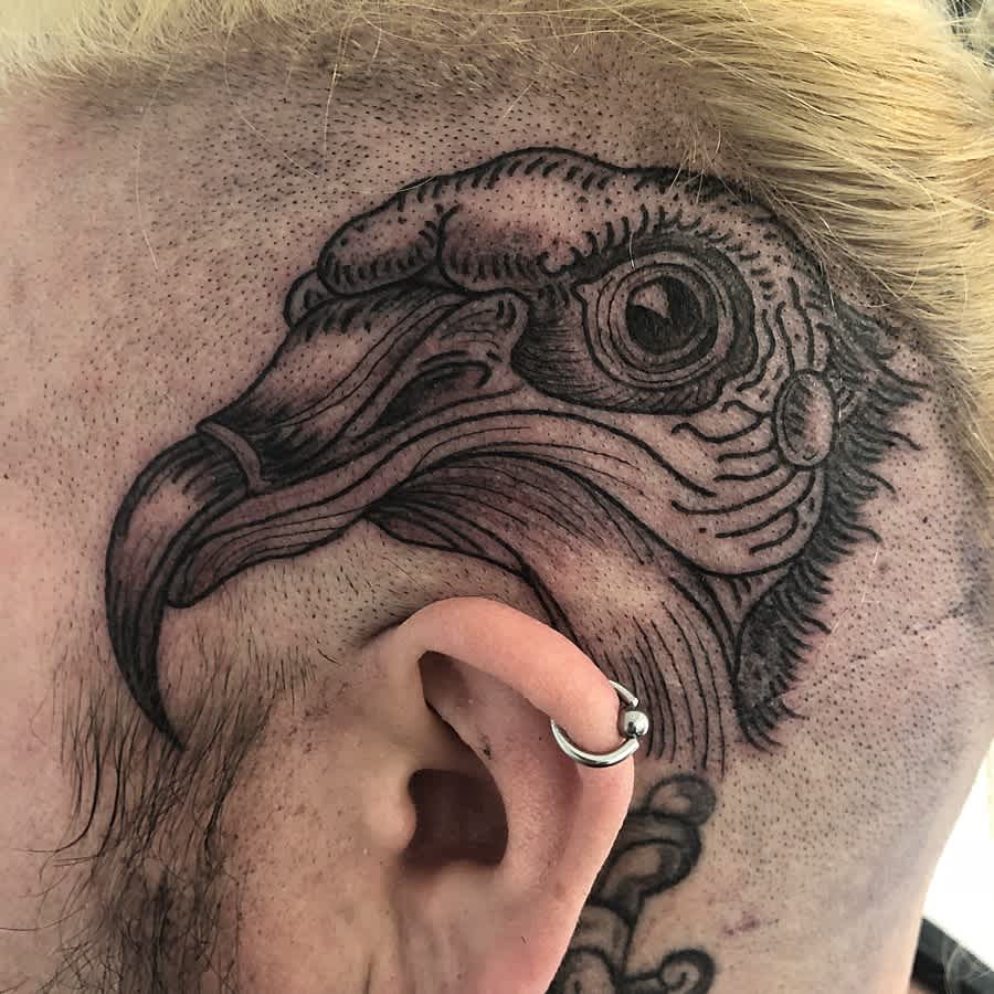 Black and white realistic portrait of a bird head on the side of a person's skull.