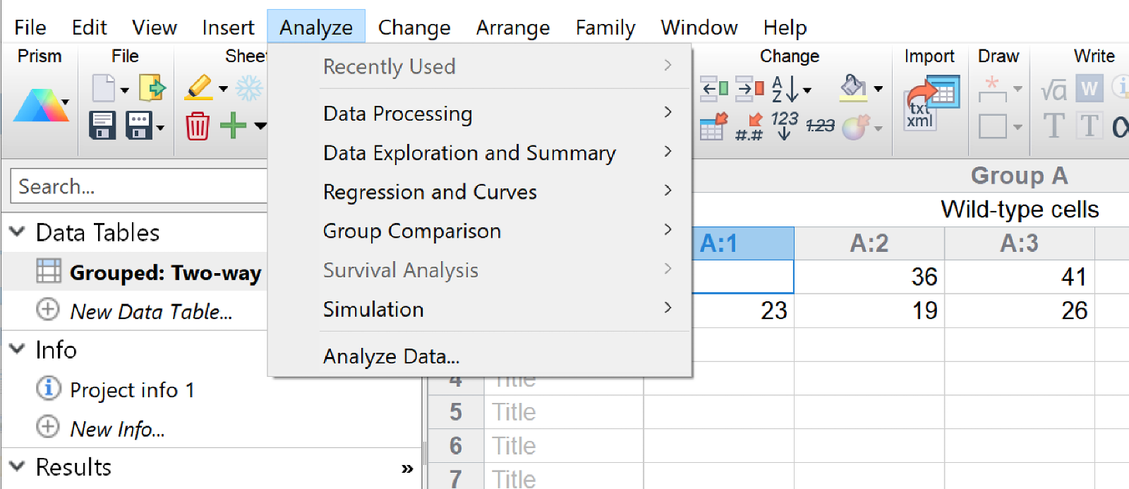 GraphPad Prism Analyze Menu