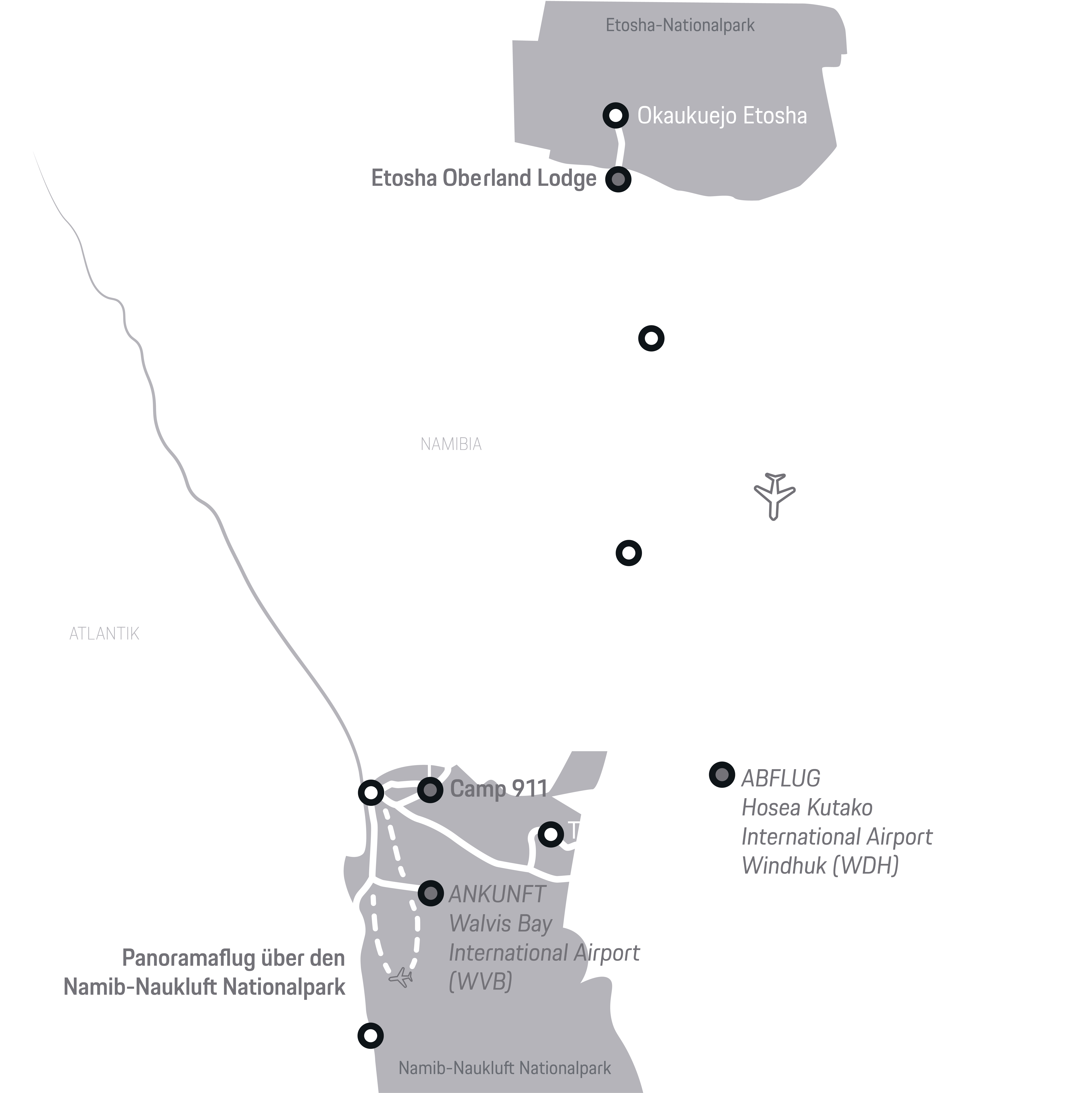 Karte von Namibia mit Reiseroute, Stopps, Flughäfen und Rundflug.