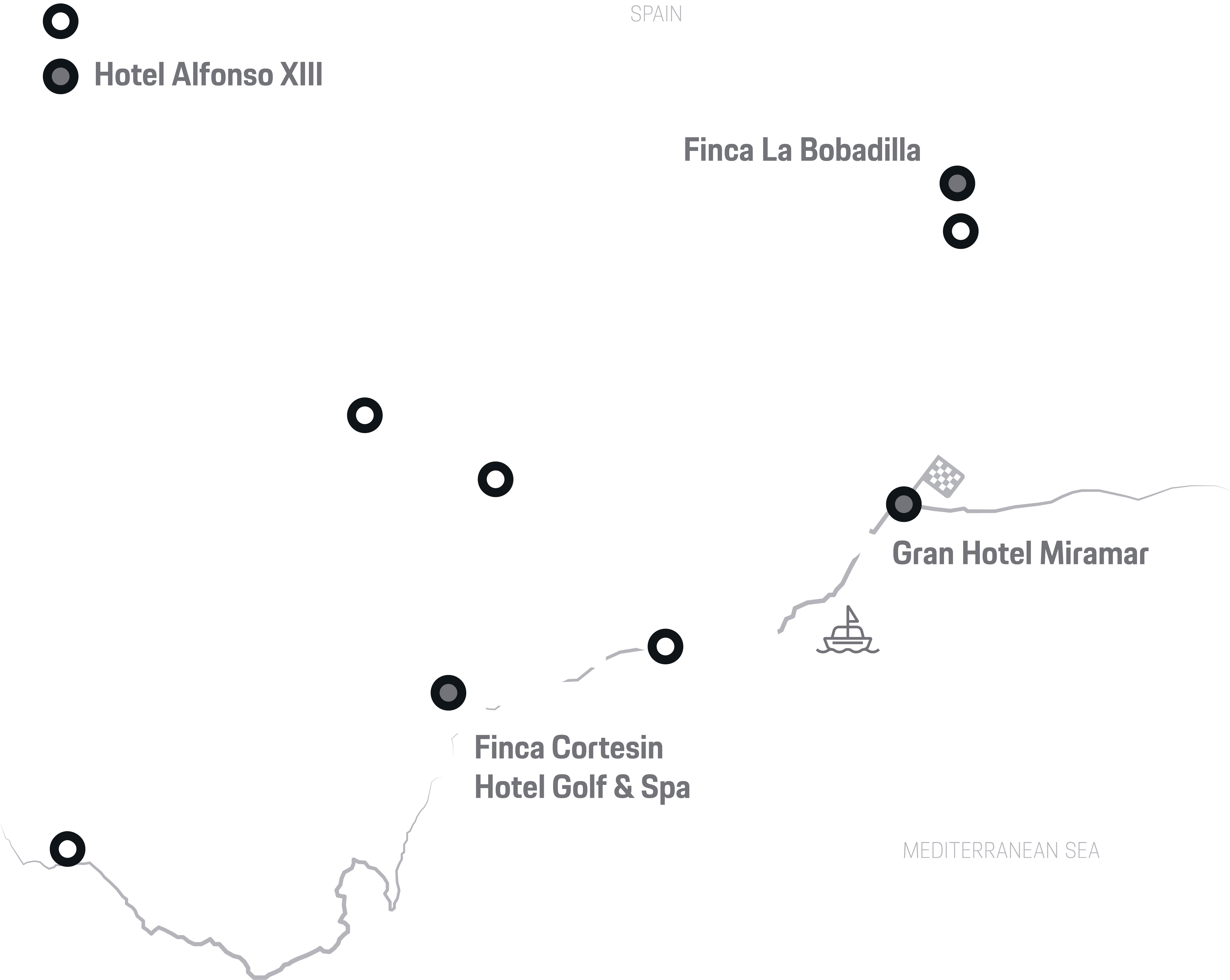 Map of southern Spain with five hotels marked: Alfonso XIII to Barbate.