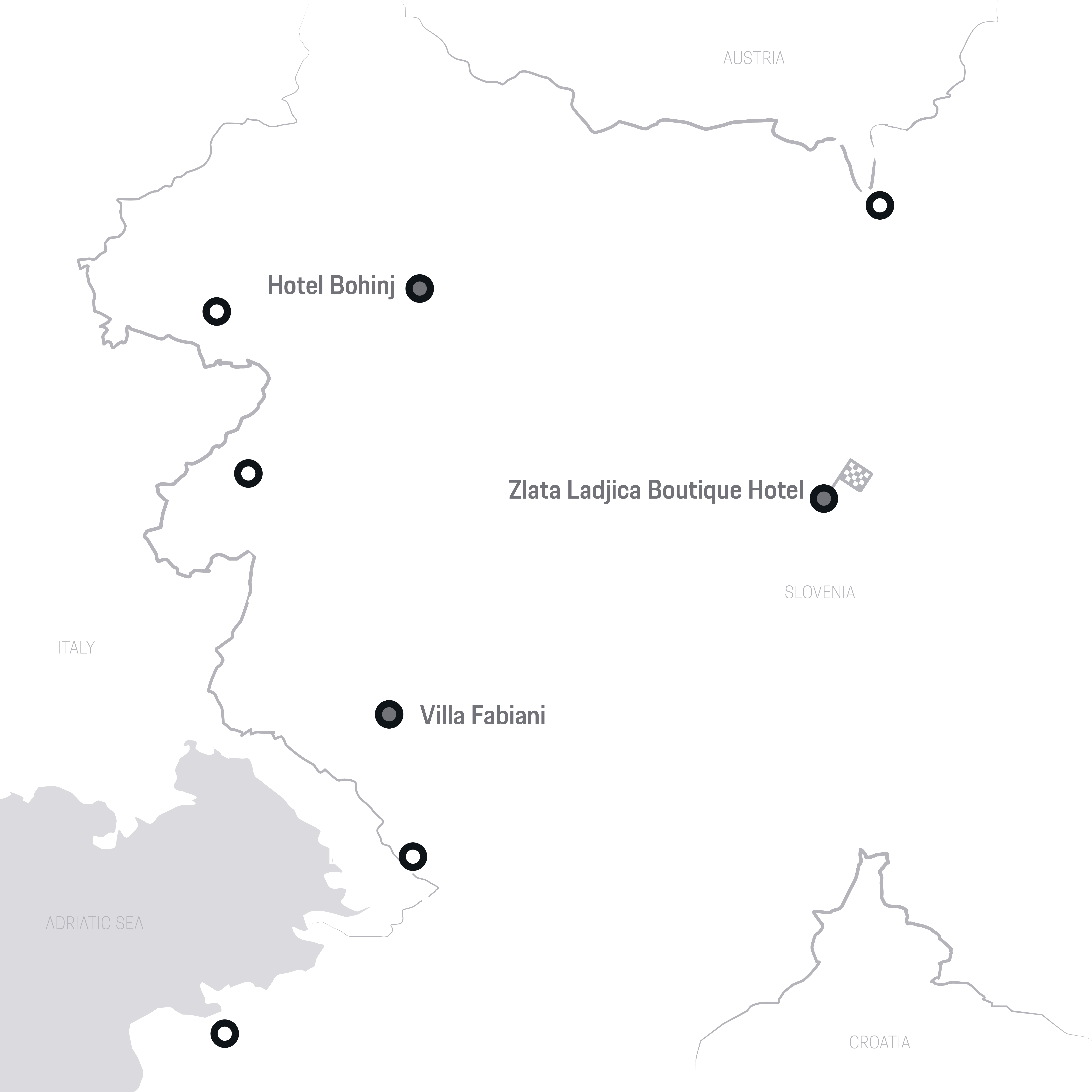 Map of Slovenia with hotel locations and cities like Piran, Ljubljana.