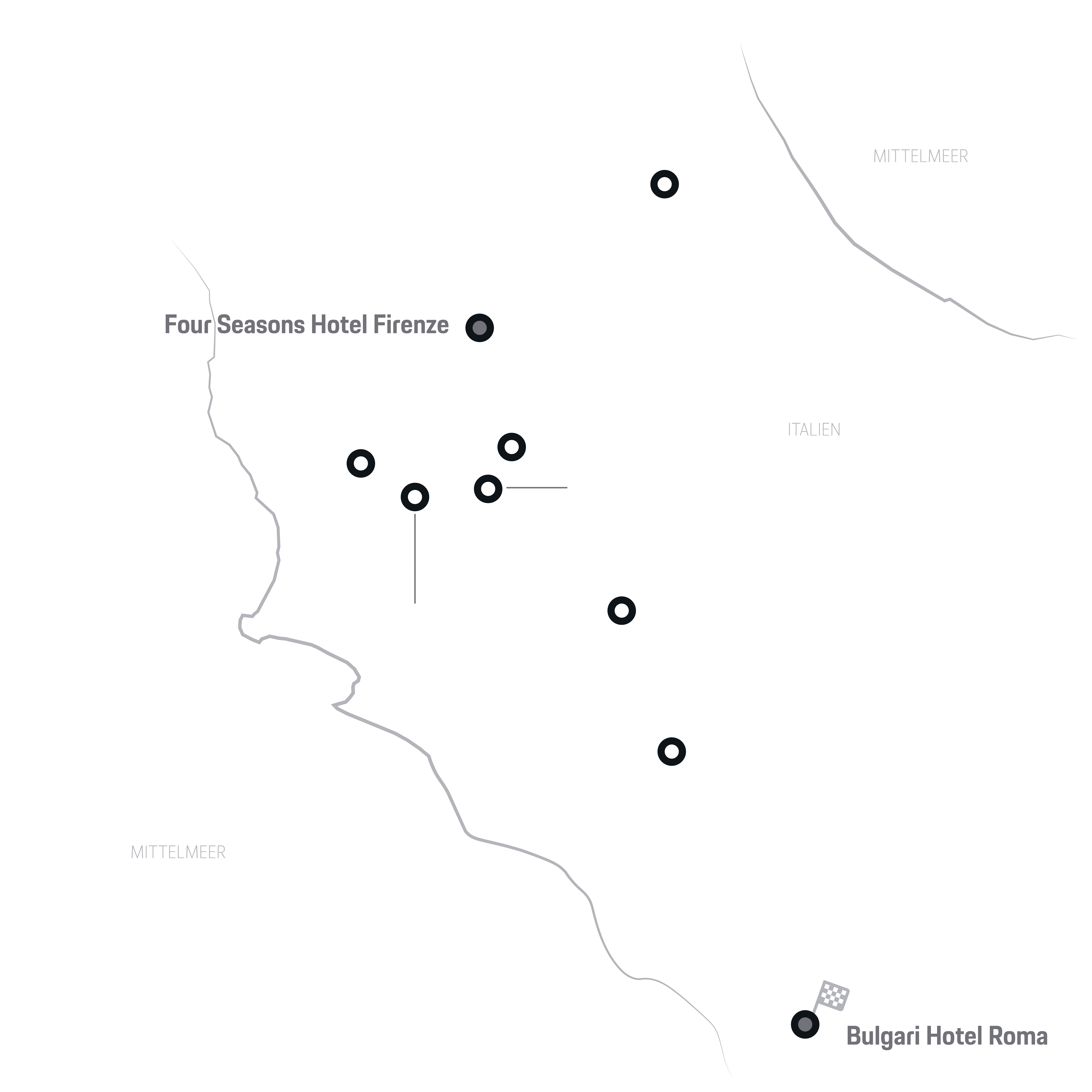 Karte Mittelitaliens mit Florenz, Siena, Rom, Hotels, Städten.