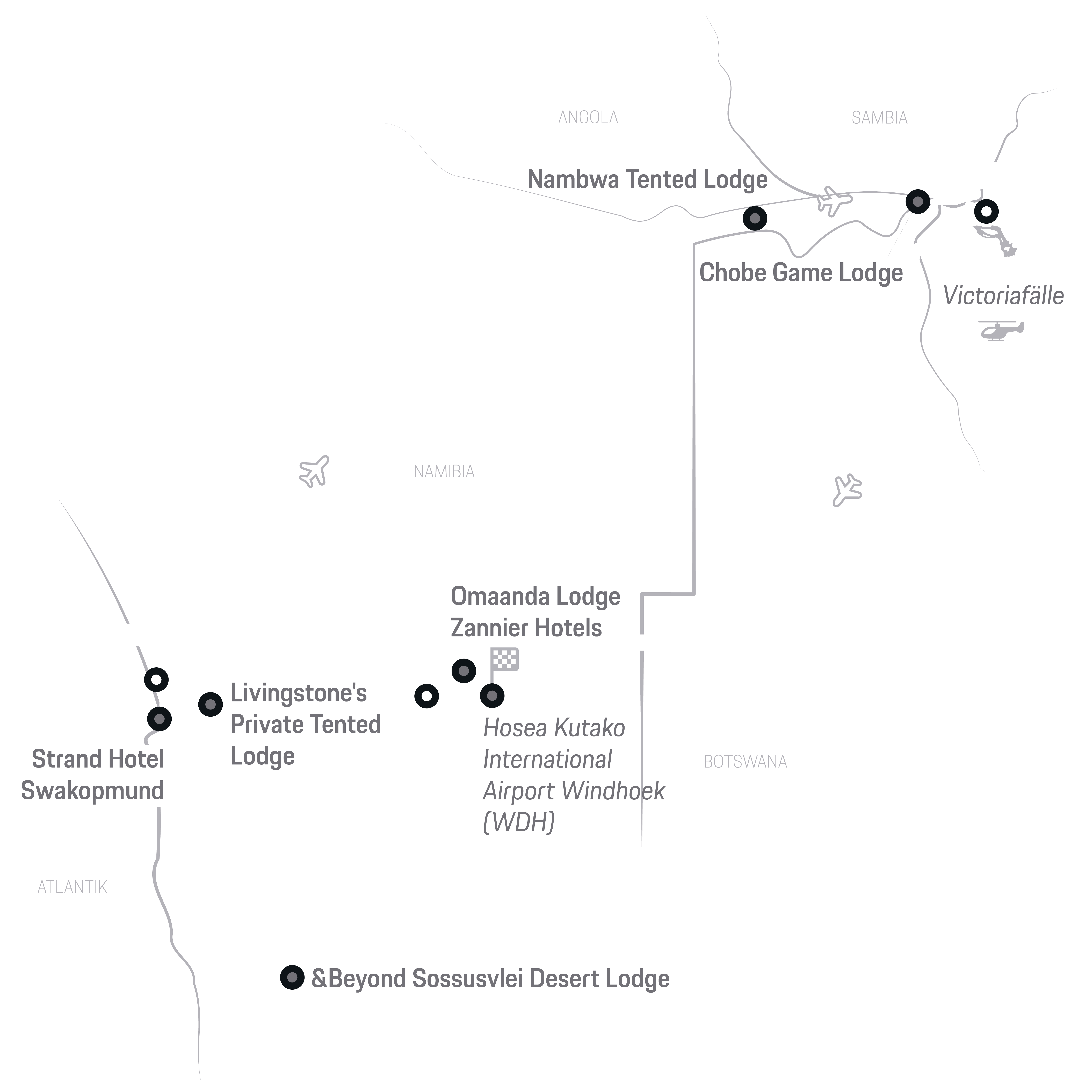 Karte einer Reiseroute im südlichen Afrika mit Lodges, Hotels, Flughafen und Victoriafällen.