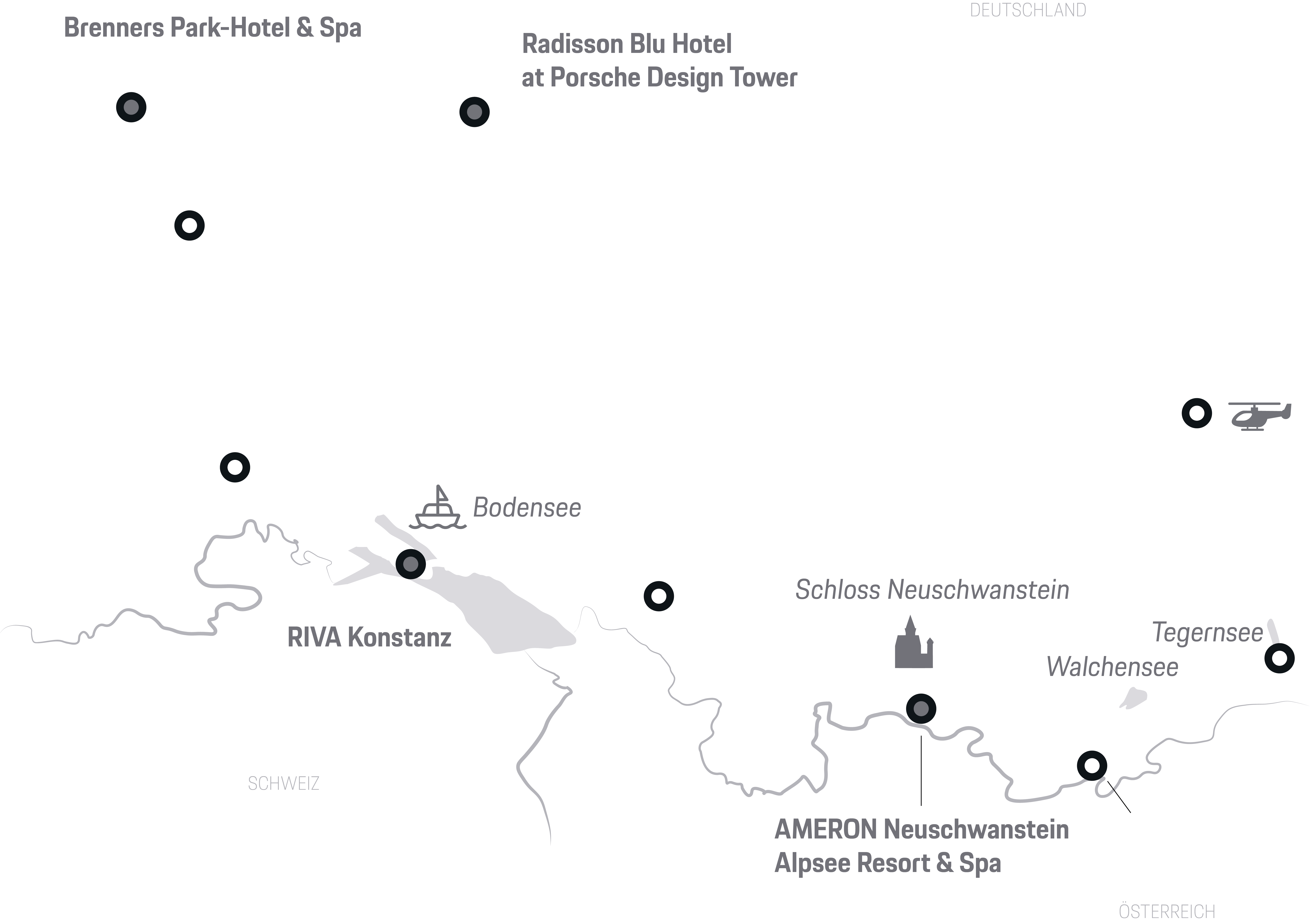Karte Süddeutschlands mit Hotels, Bodensee und Schloss Neuschwanstein.