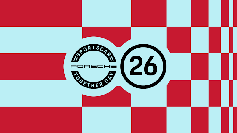 Porsche Sportscar Together Day logo with the number 26 on a red and light blue checkered background.