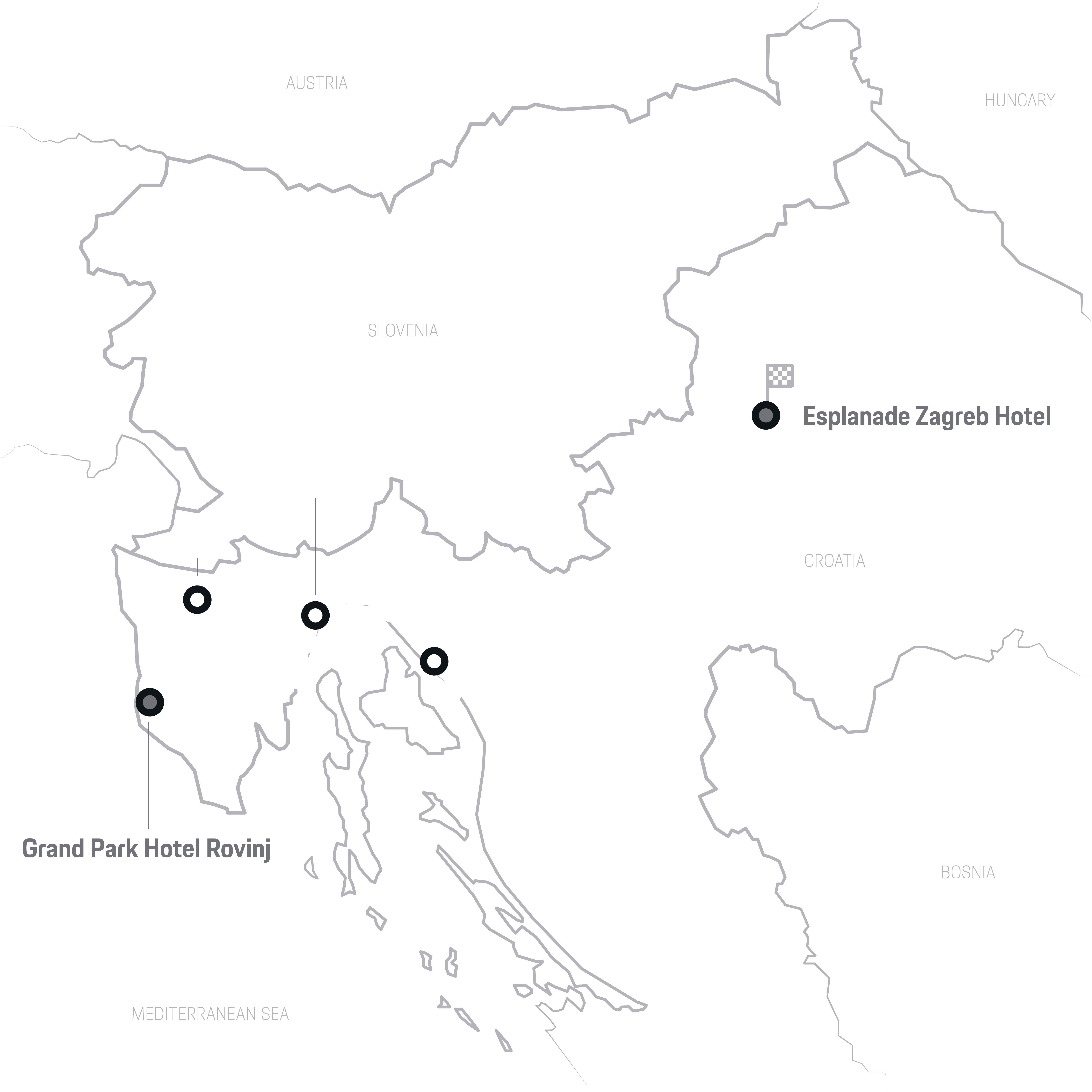 Croatian map with 5 hotels, including Esplanade Zagreb and Grand Park Rovinj.