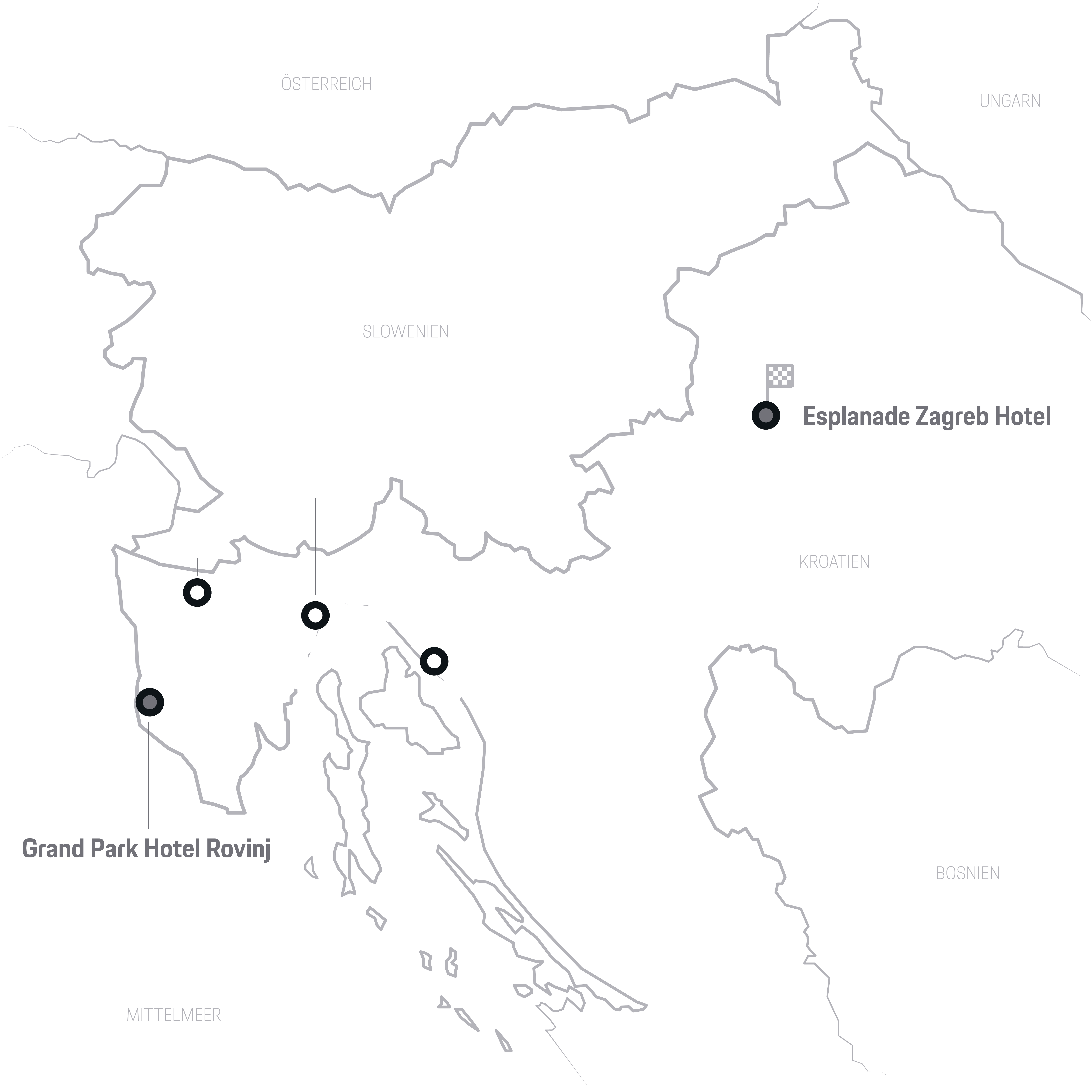 Kroatische Karte mit 5 Hotels, inkl. Esplanade Zagreb und Grand Park Rovinj.