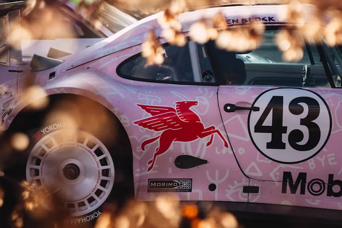 Close-up of a pink Porsche race car with number 43 and Pegasus logo, among autumn leaves.