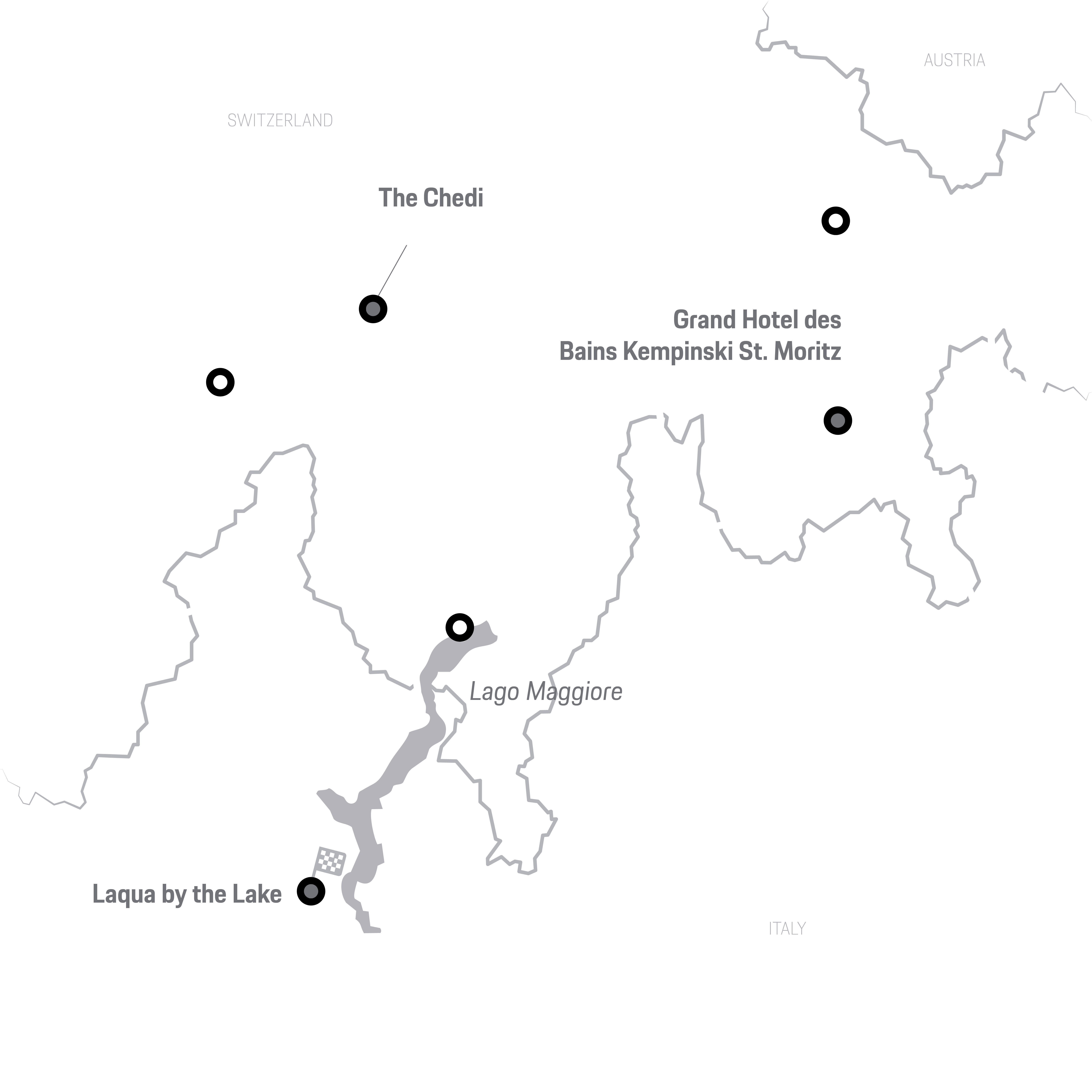 Map of luxury hotels in Switzerland and Italy, near Lago Maggiore and St. Moritz.