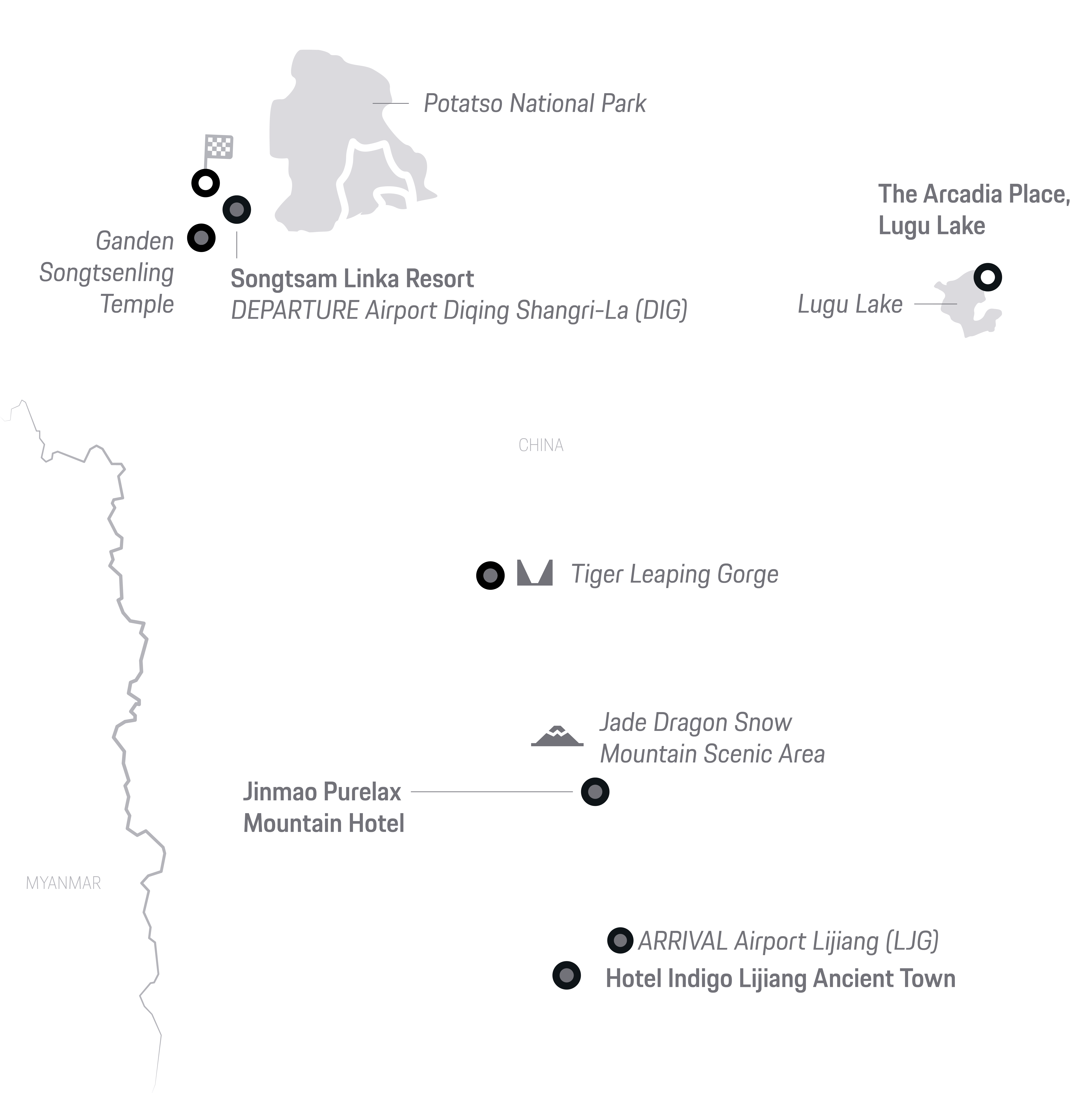 Map of Yunnan with hotels, attractions, and Lijiang to Shangri-La route.