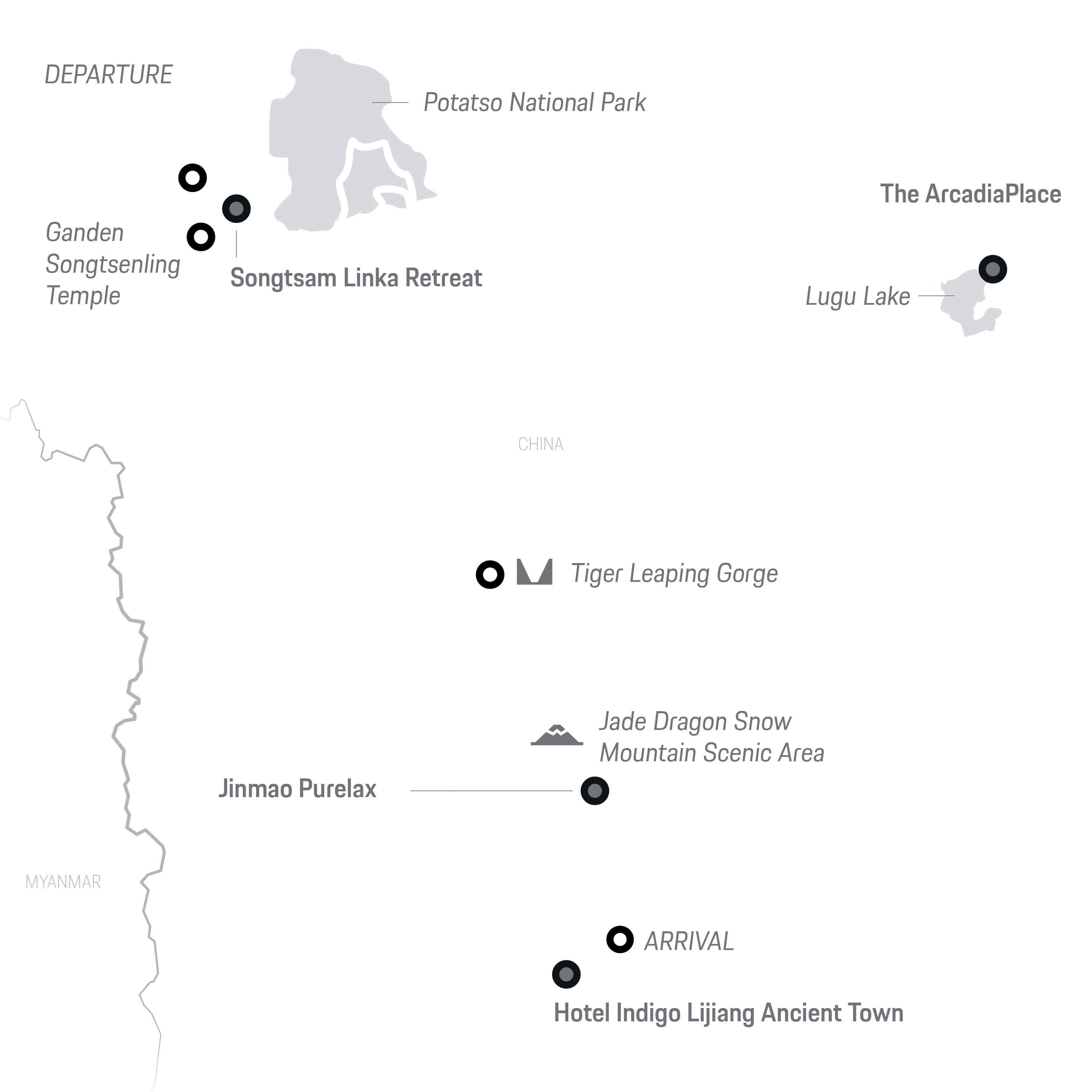 Map of Yunnan with hotels, attractions, and Lijiang to Shangri-La route.