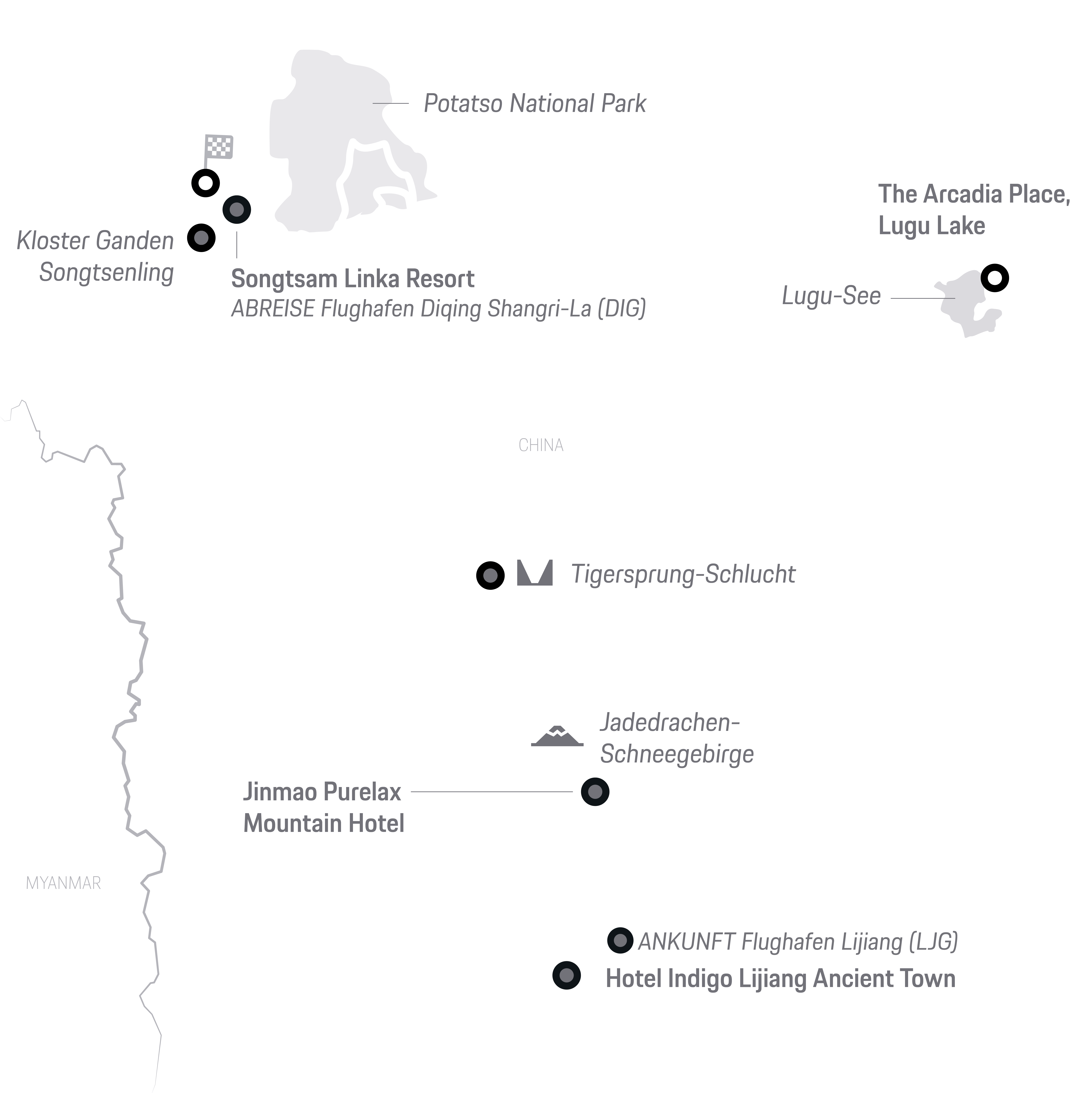 Karte von Yunnan mit Hotels, Sehenswürdigkeiten, Route Lijiang-Shangri-La.