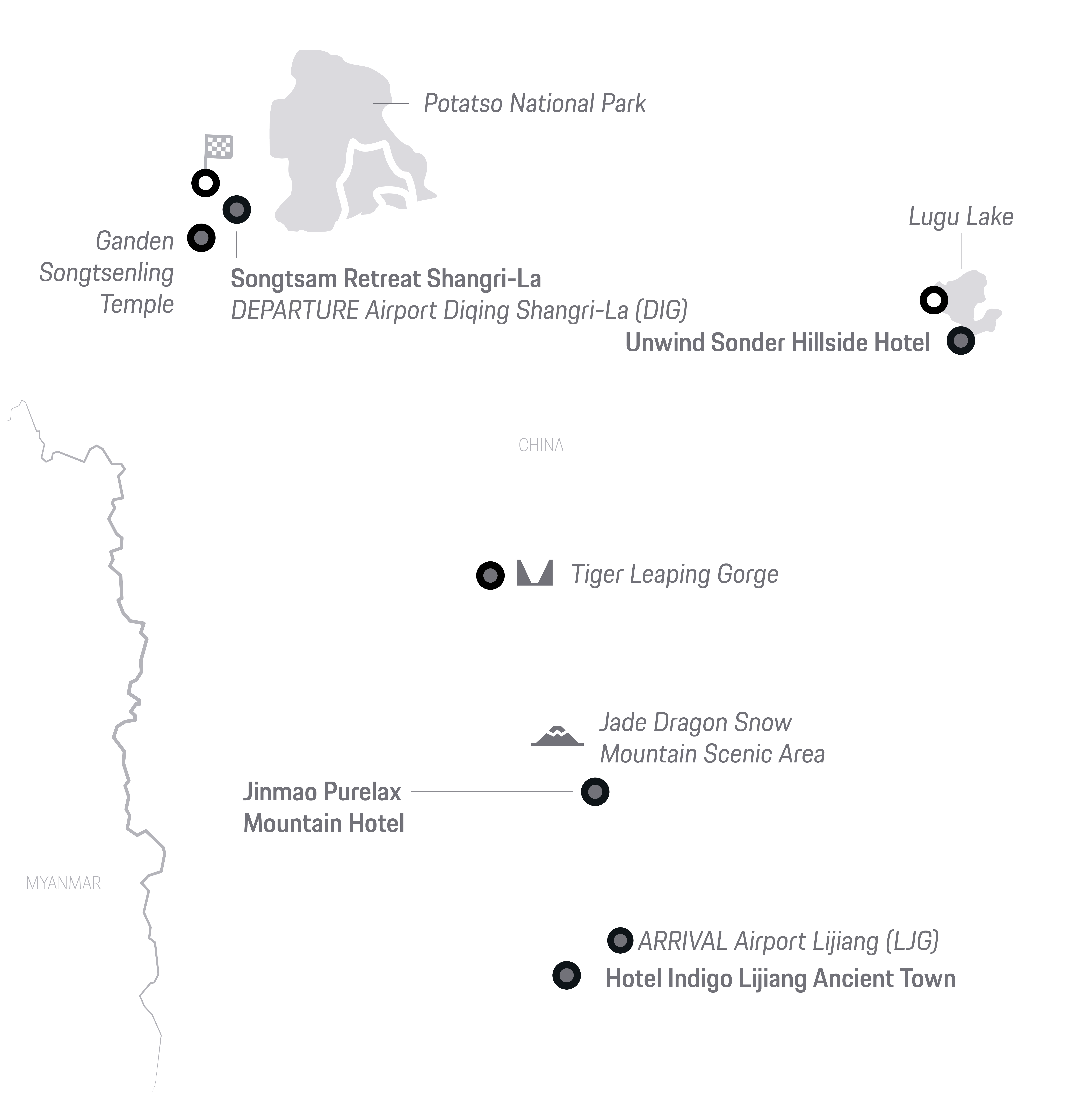 Map of Yunnan with hotels, attractions, and Lijiang to Shangri-La route.