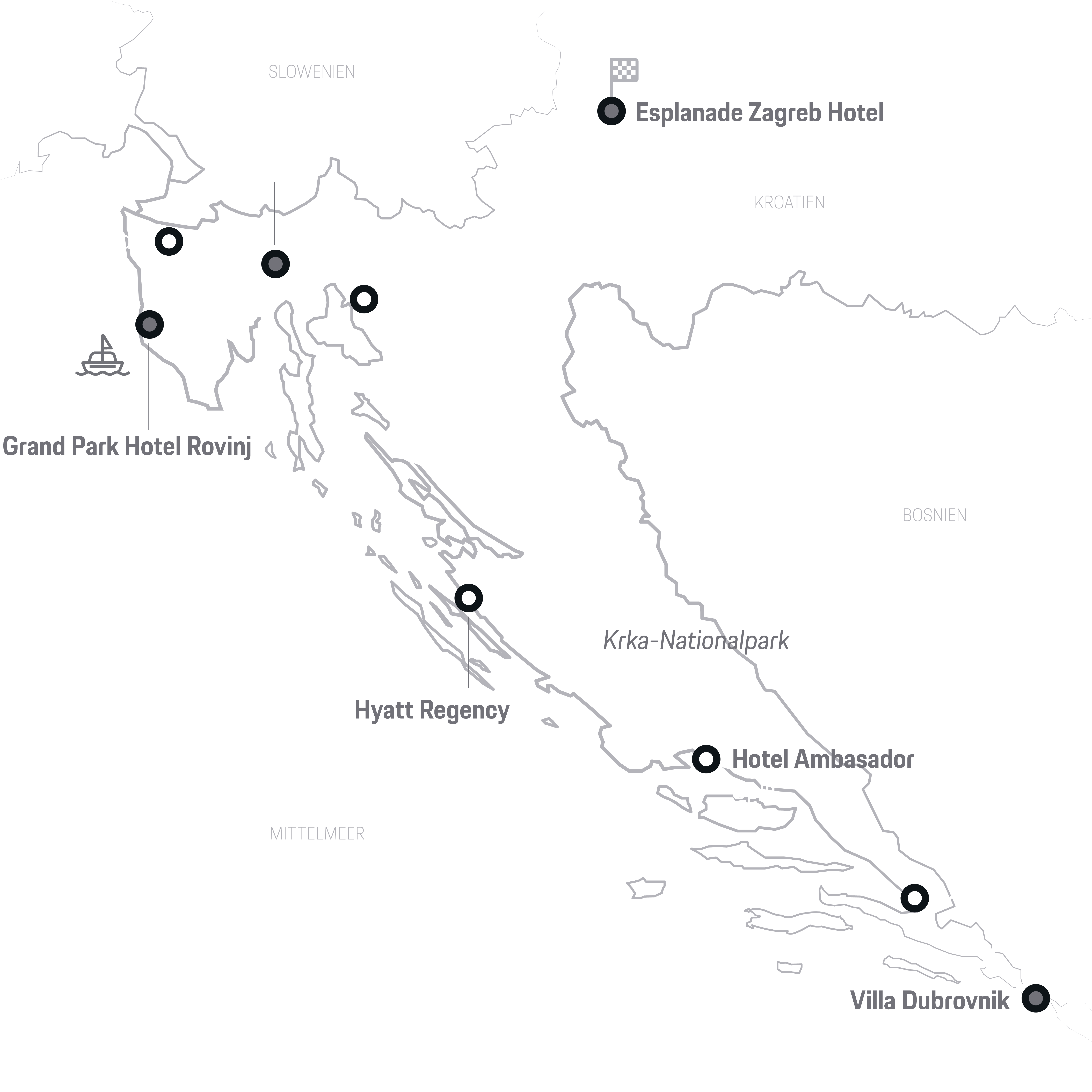 Karte Kroatiens mit Großstädten, 5 Hotels & Nationalpark Krka.