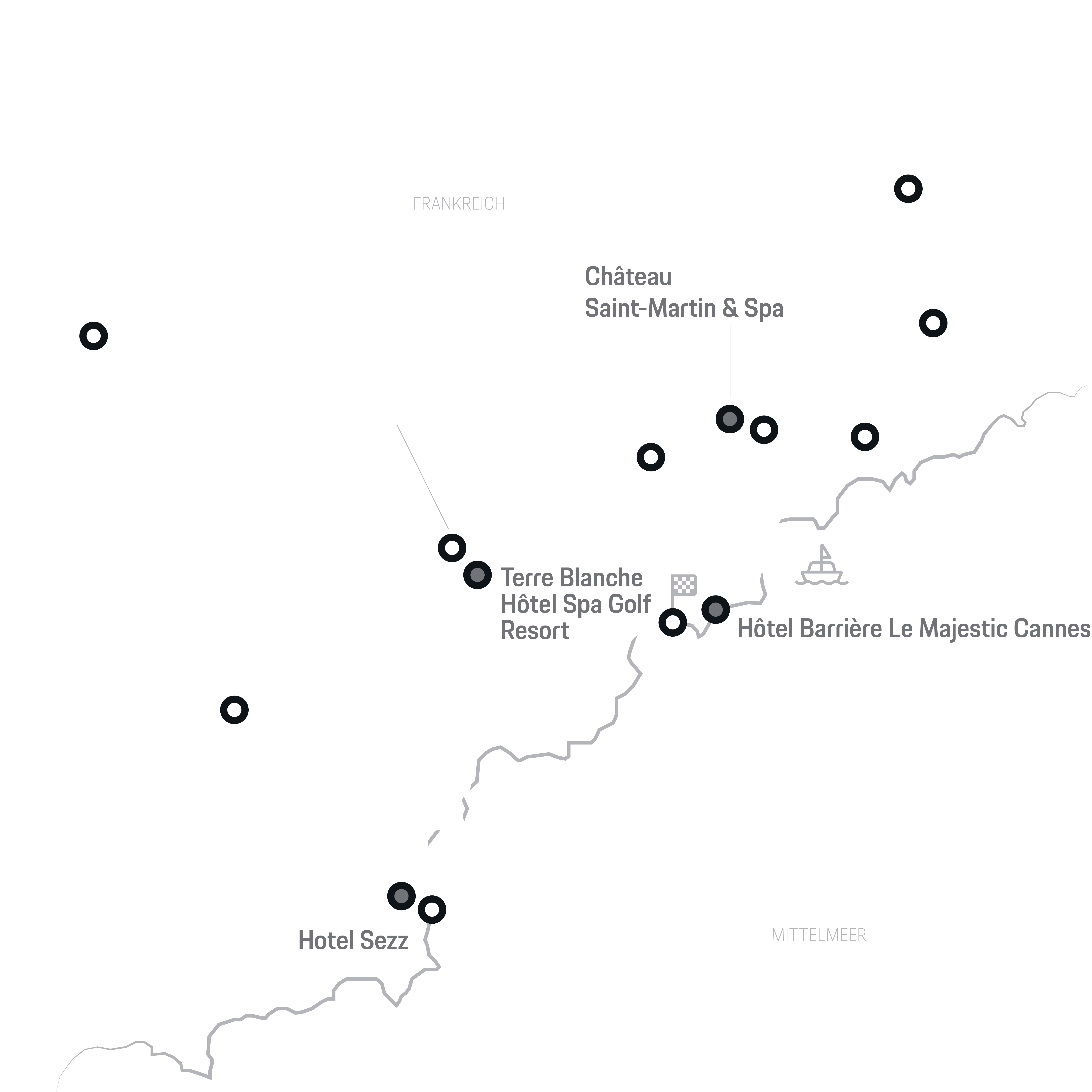 Südfrankreich Karte mit roter Fahrtroute durch Nice, Cannes und St. Tropez.