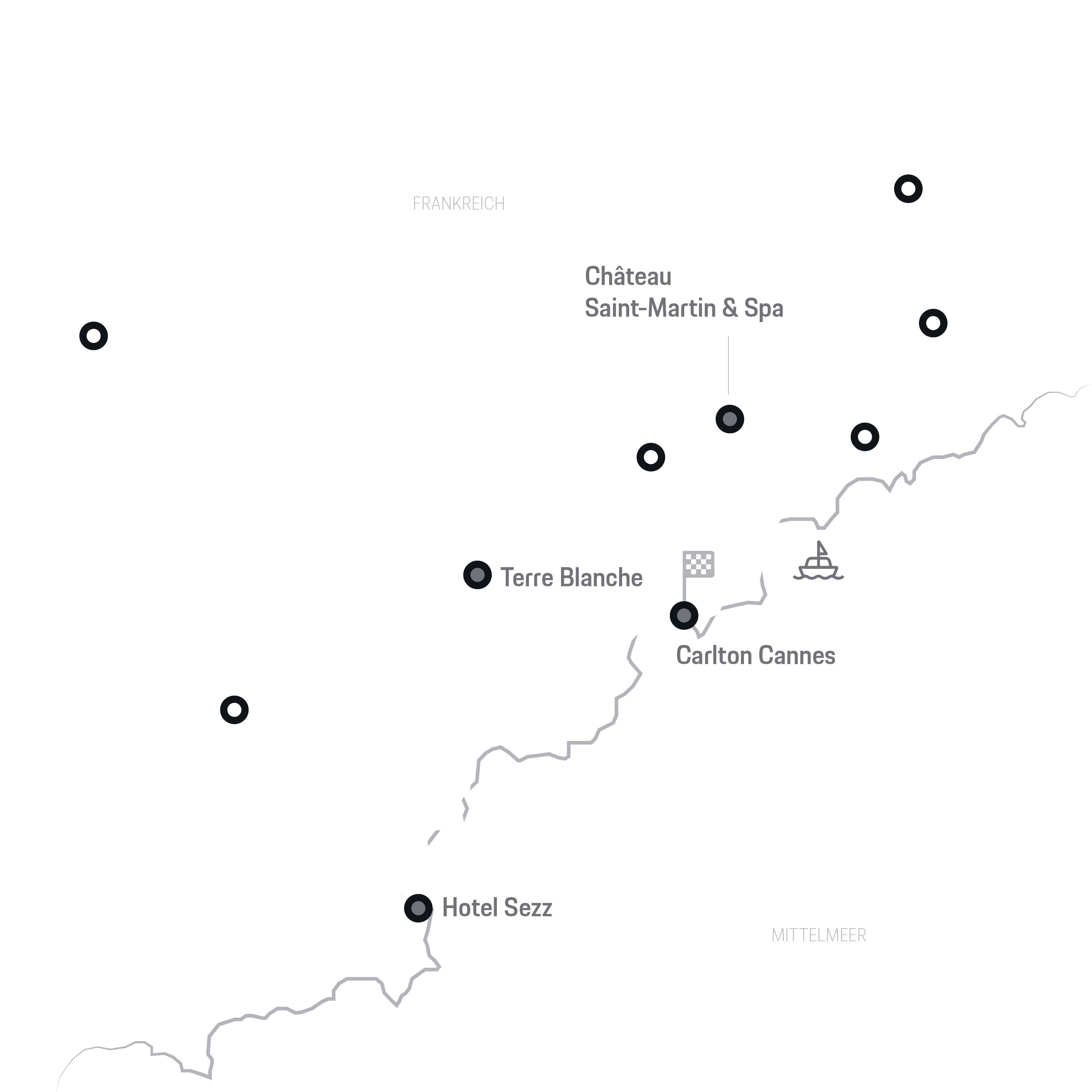 Südfrankreich Karte mit roter Fahrtroute durch Nice, Cannes und St. Tropez.